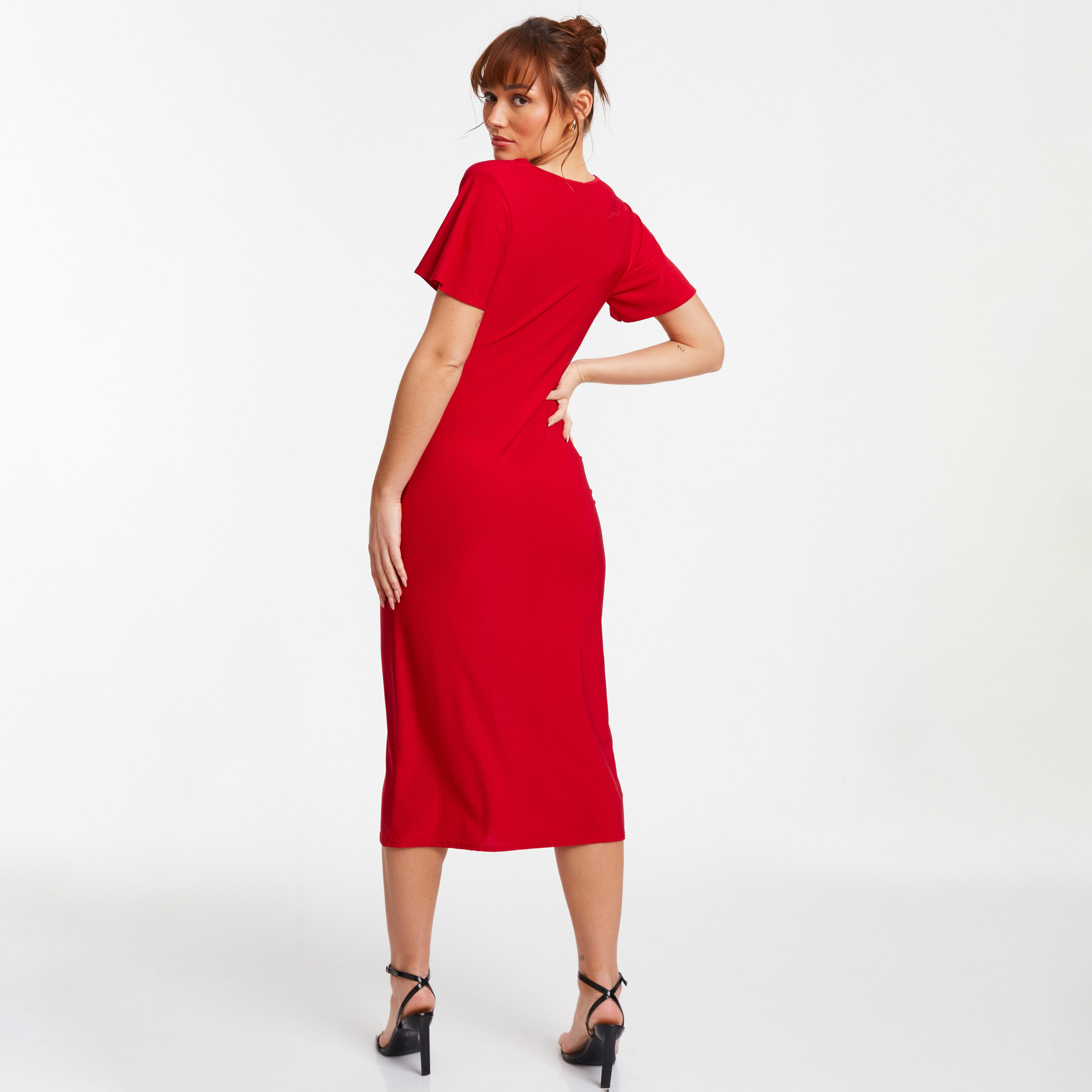 فستان متوسط الطول بياقة دائرية سادة من كويز-women-clothing-dresses-image-3