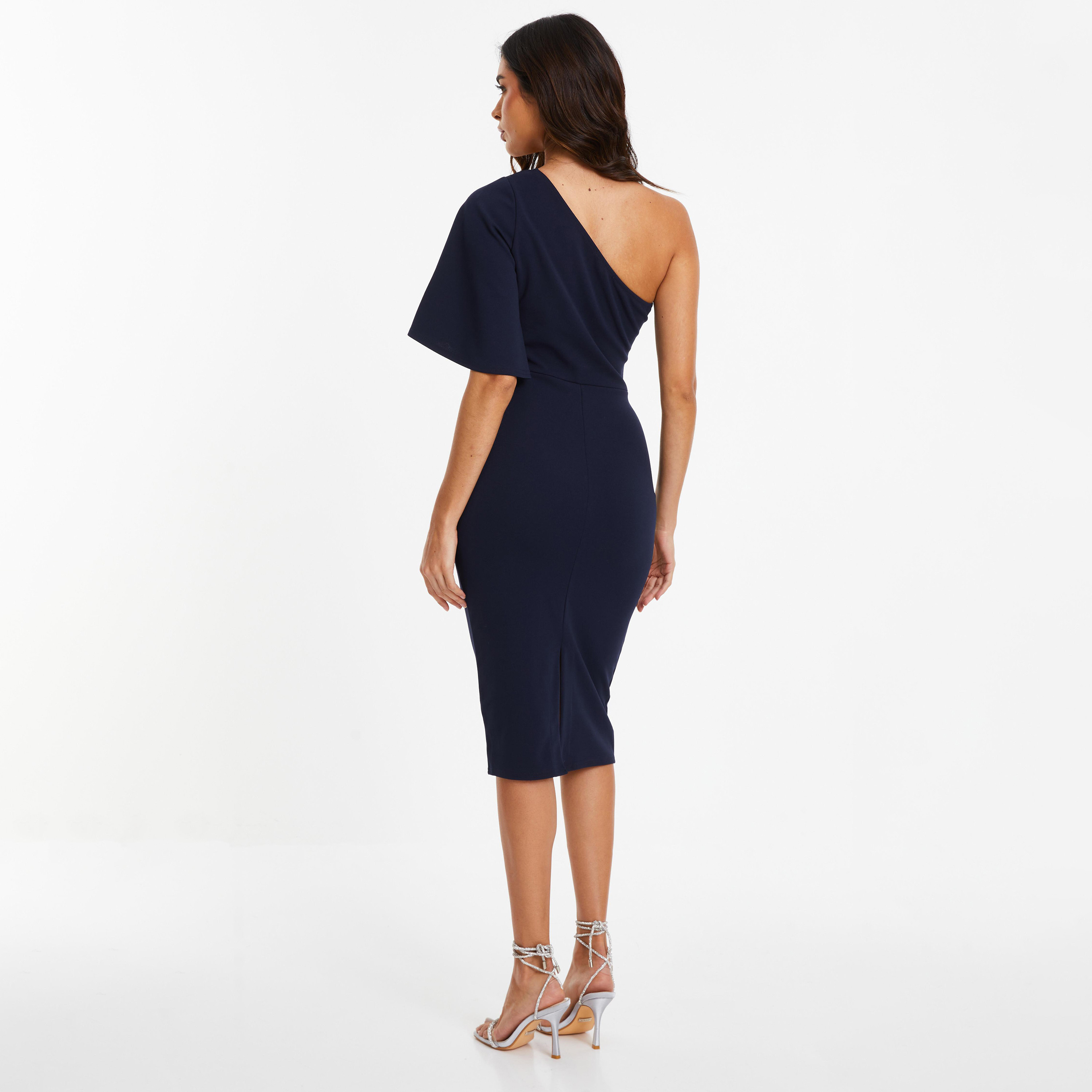 فستان متوسط الطول مع بوديكون بكتف واحد سادة من كويز-women-clothing-dresses-image-4