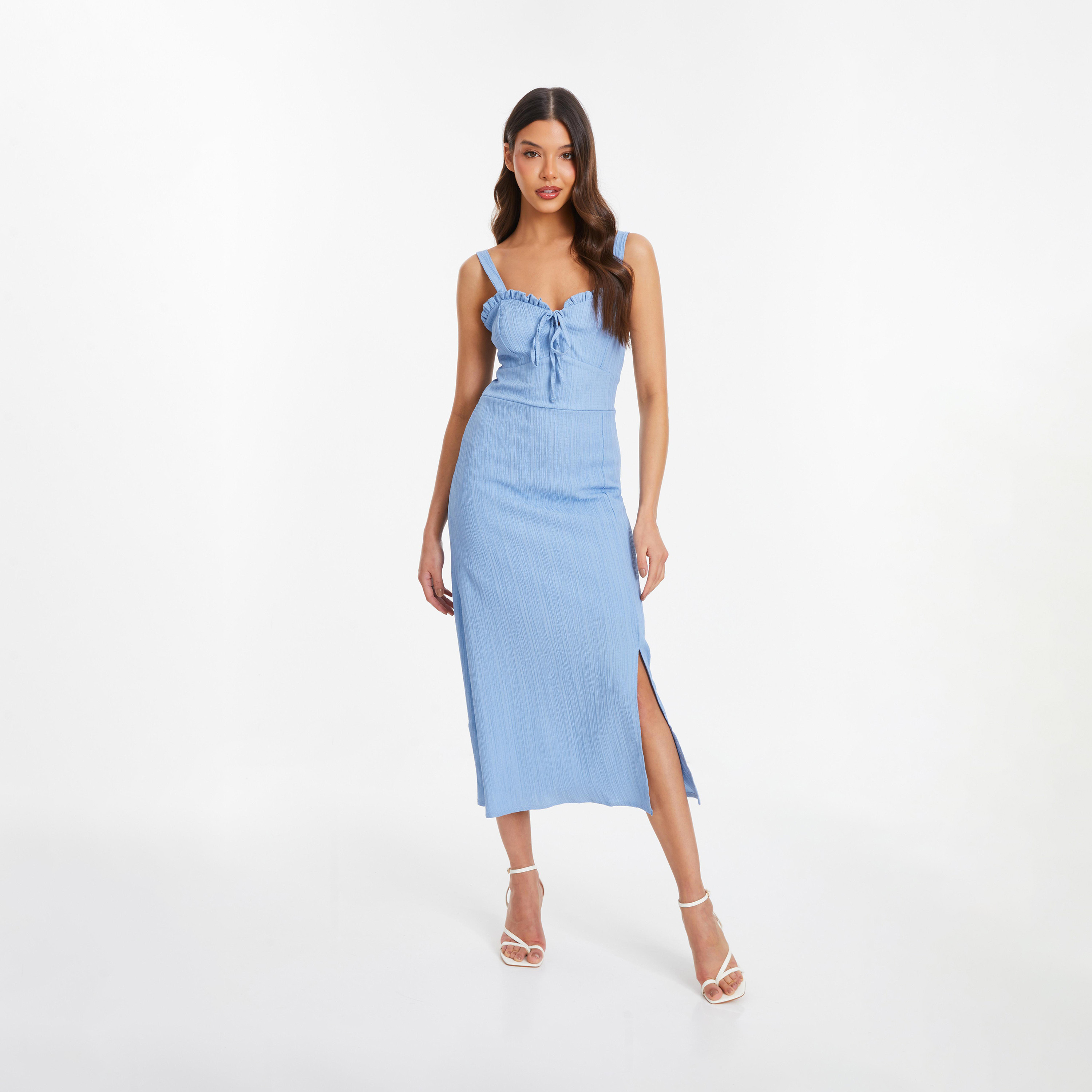 كويز- فستان أزرق فاتح منسوج مزين بكشكش-women-clothing-dresses-image-1