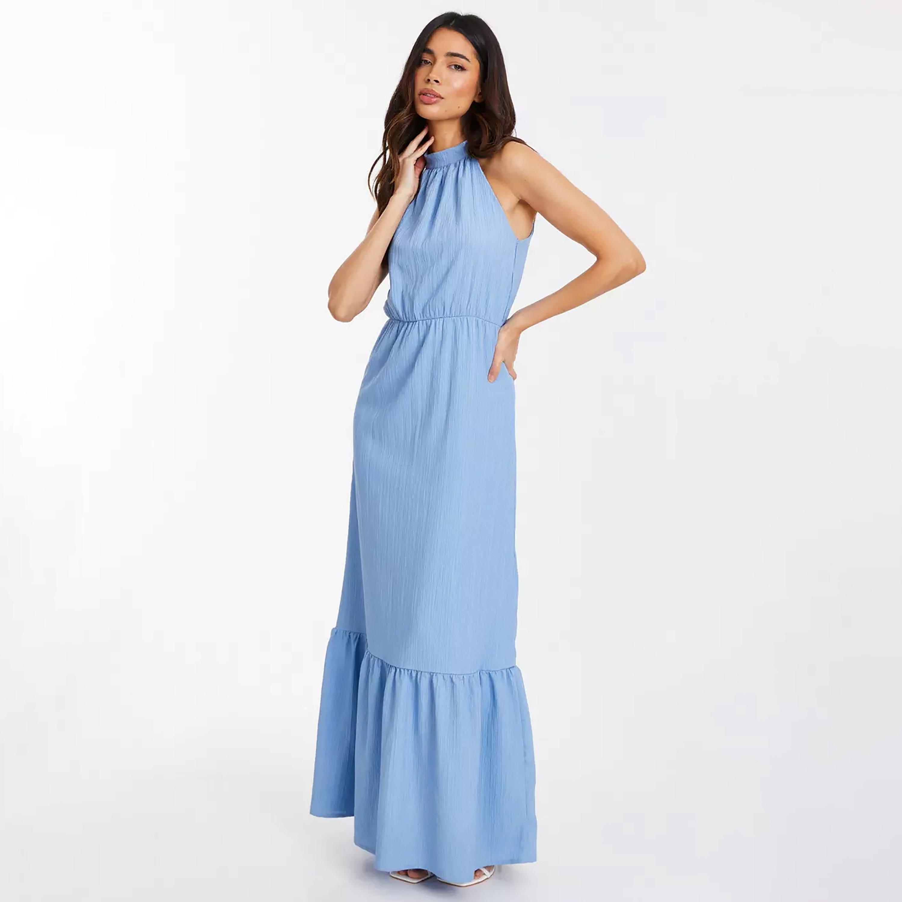 فستان ماكسي سكيتر منسوج برقبة ھالتر بلون أزرق فاتح من كويز-women-clothing-dresses-image-1