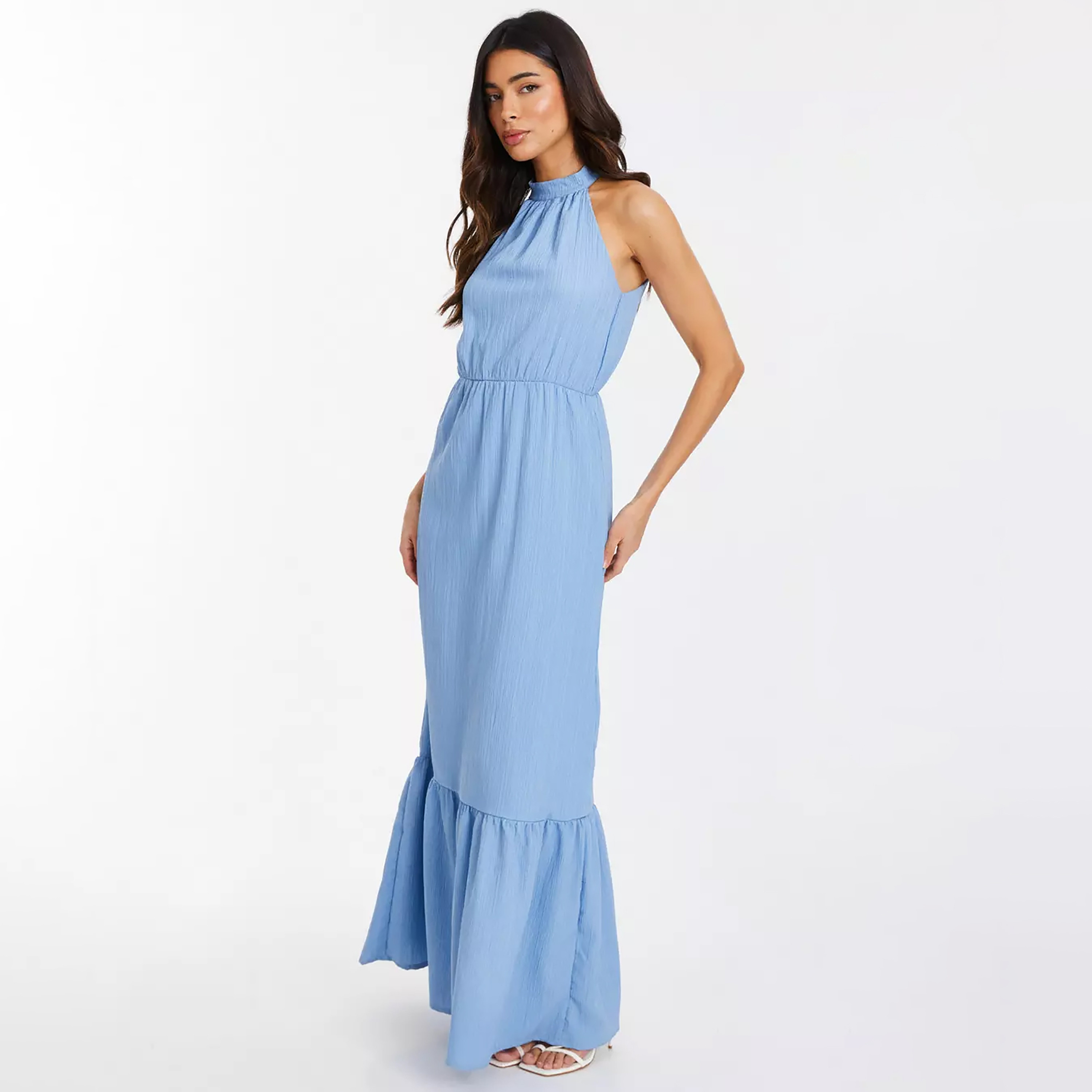 فستان ماكسي سكيتر منسوج برقبة ھالتر بلون أزرق فاتح من كويز-women-clothing-dresses-image-2