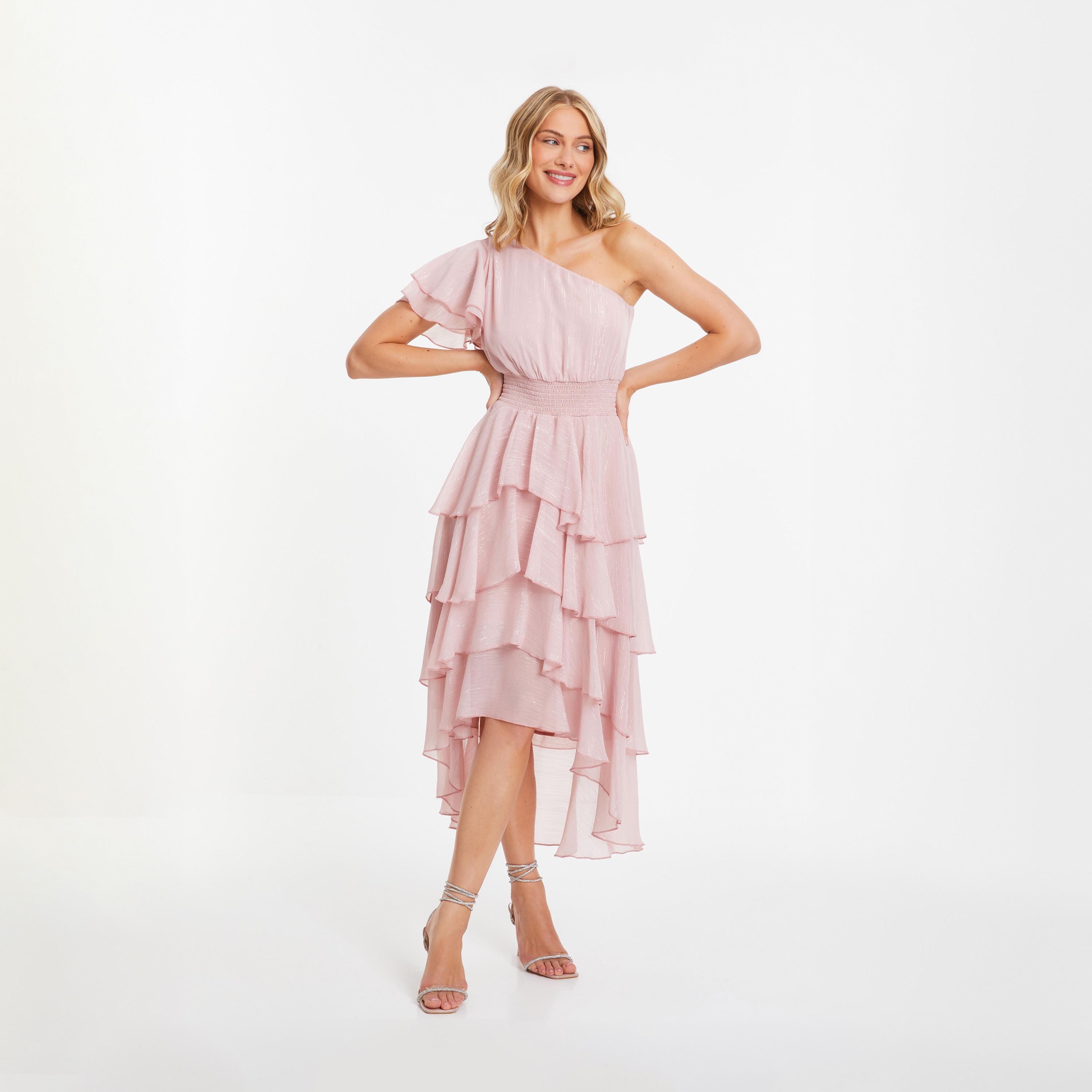 كويز- فستان سهرة شيفون لون وردي المعدني كم واحد-women-clothing-dresses-image-1