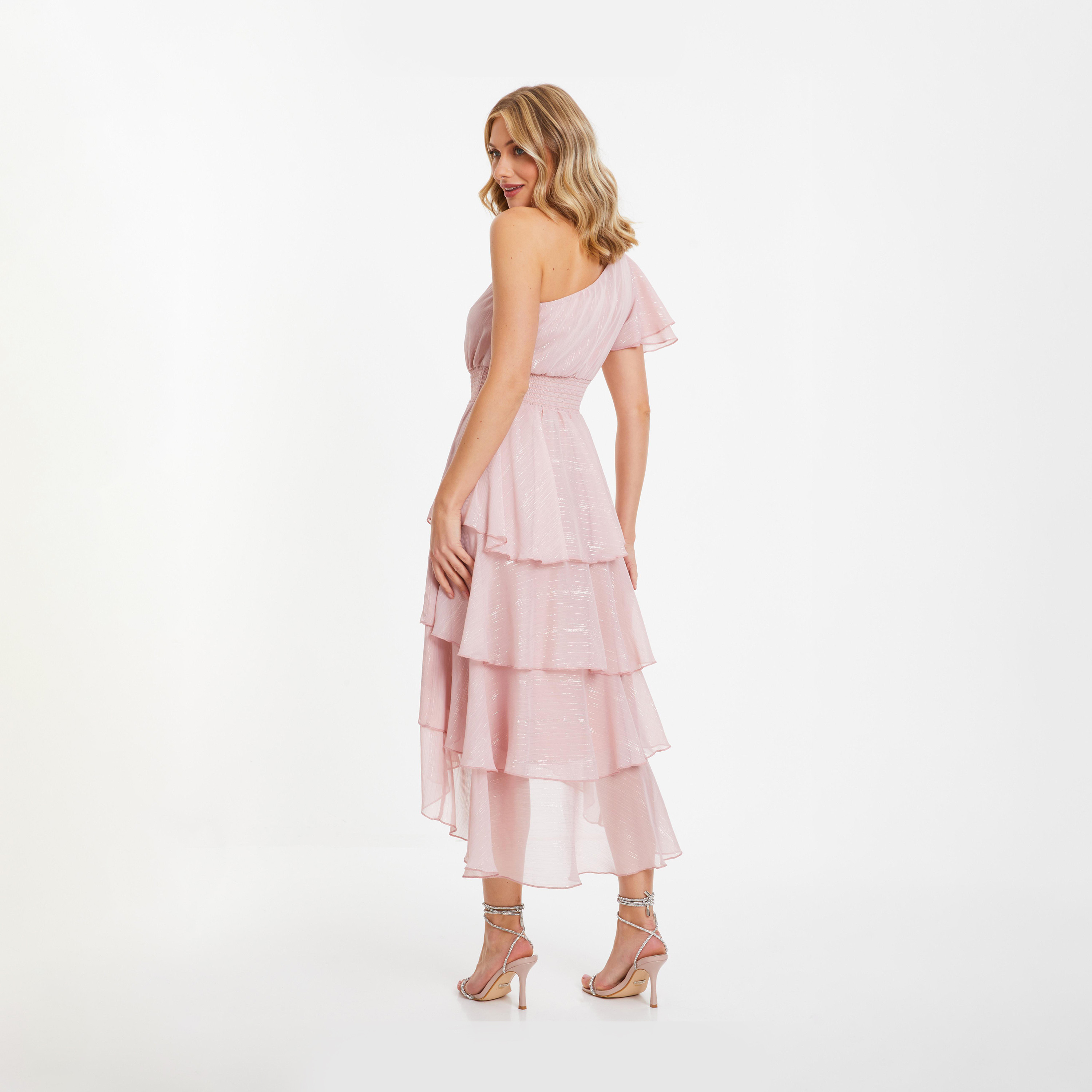 كويز- فستان سهرة شيفون لون وردي المعدني كم واحد-women-clothing-dresses-image-2