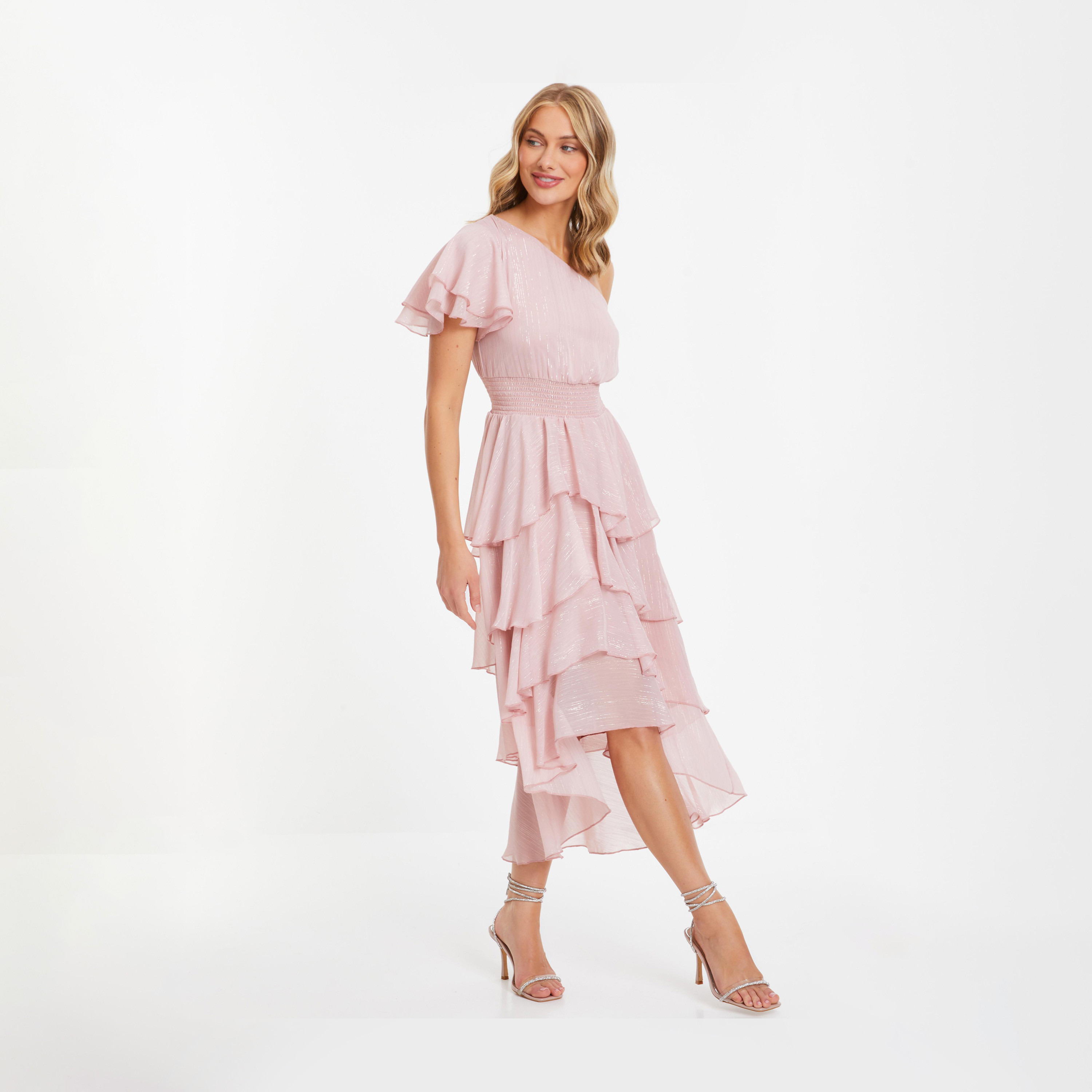 Quiz Pink Metallic Chiffon One Sleeve Evening Dress-women-clothing-dresses-image-3