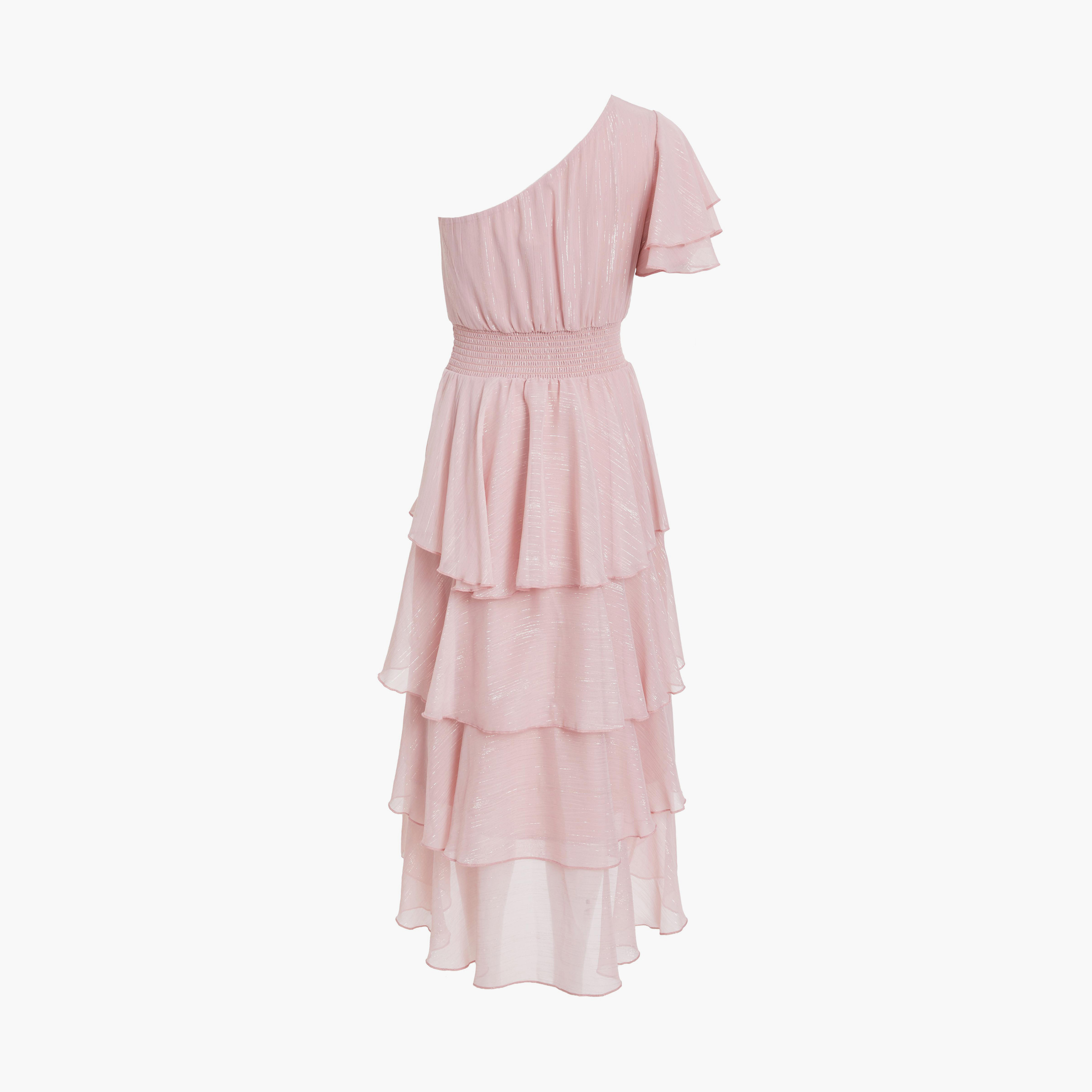 Quiz Pink Metallic Chiffon One Sleeve Evening Dress-women-clothing-dresses-image-6