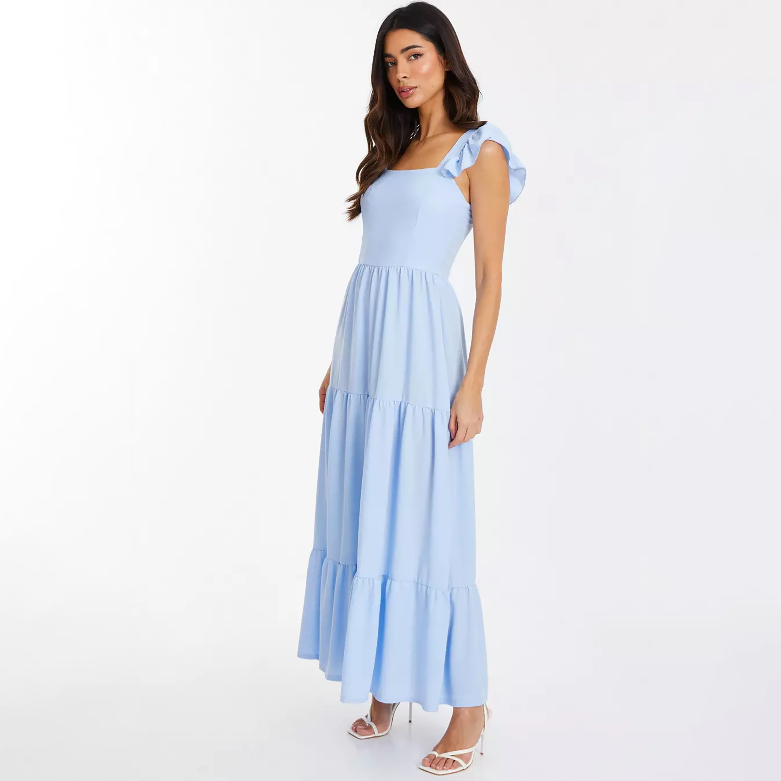 فستان ماكسي متعدد الطبقات وأكمام كشكشة باللون الأزرق الفاتح من كويز-women-clothing-dresses-image-2