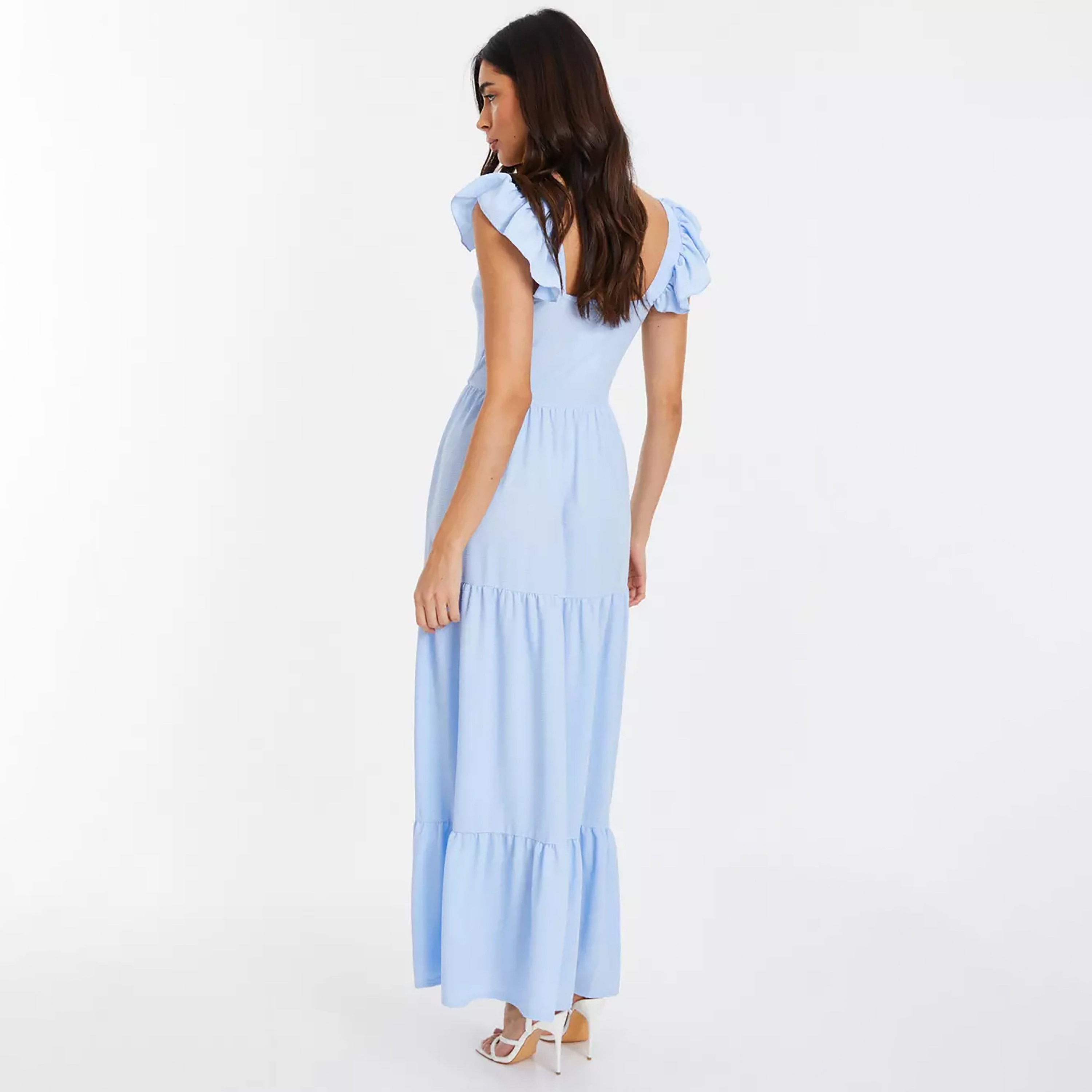 فستان ماكسي متعدد الطبقات وأكمام كشكشة باللون الأزرق الفاتح من كويز-women-clothing-dresses-image-3