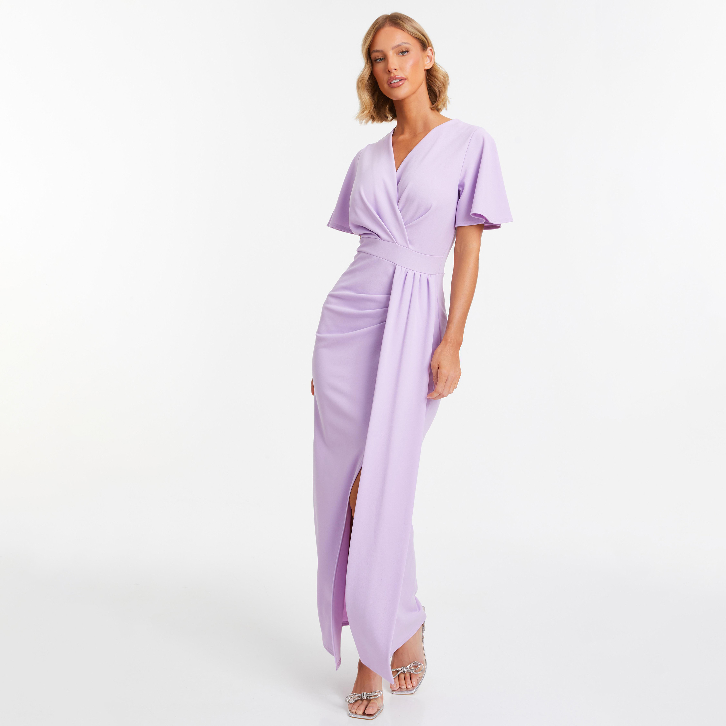 Quiz Plain V-Neck Wrap Slit Maxi Dress-women-clothing-dresses-image-1