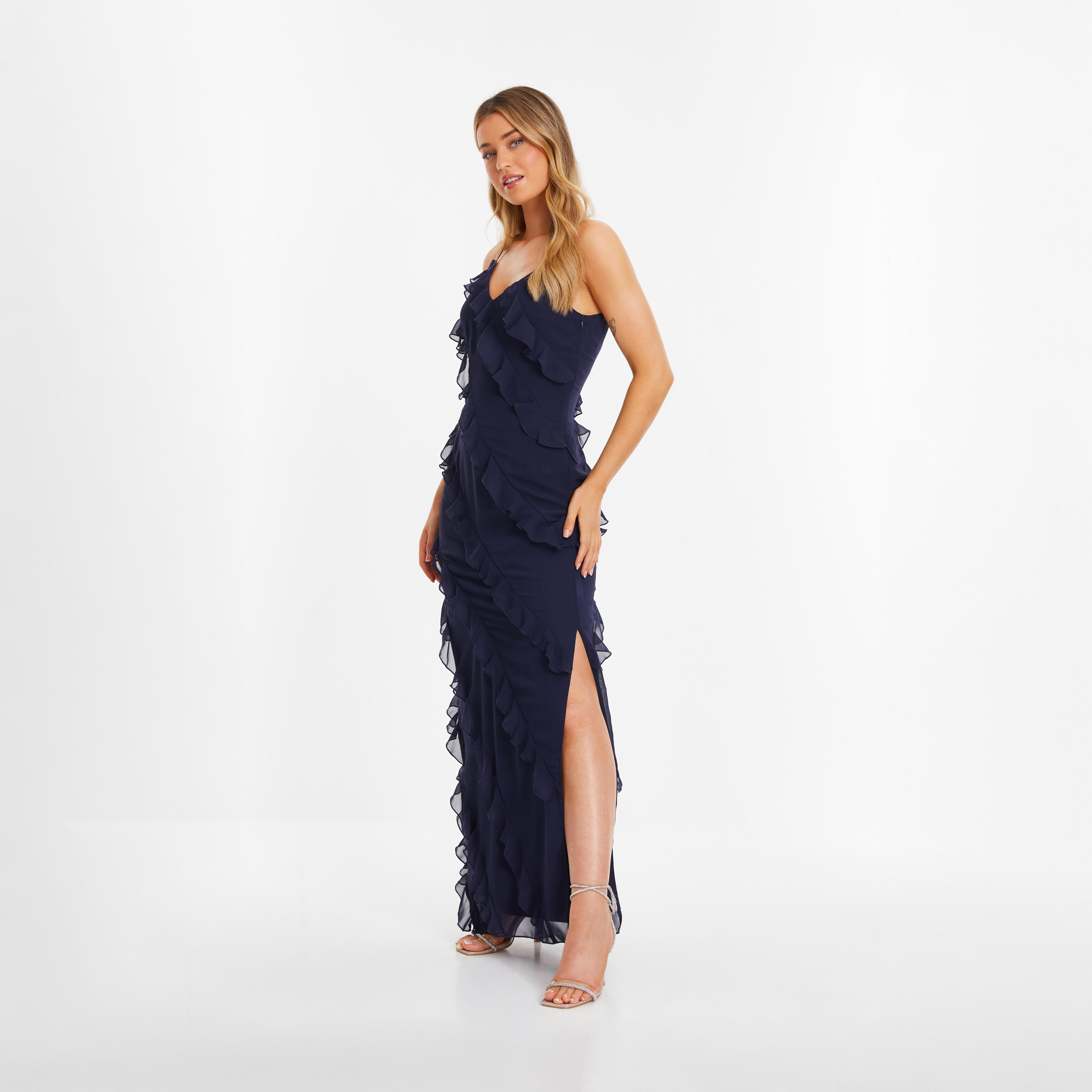 Quiz Navy Chiffon Ruffle Evening Maxi Dress-women-clothing-dresses-image-3
