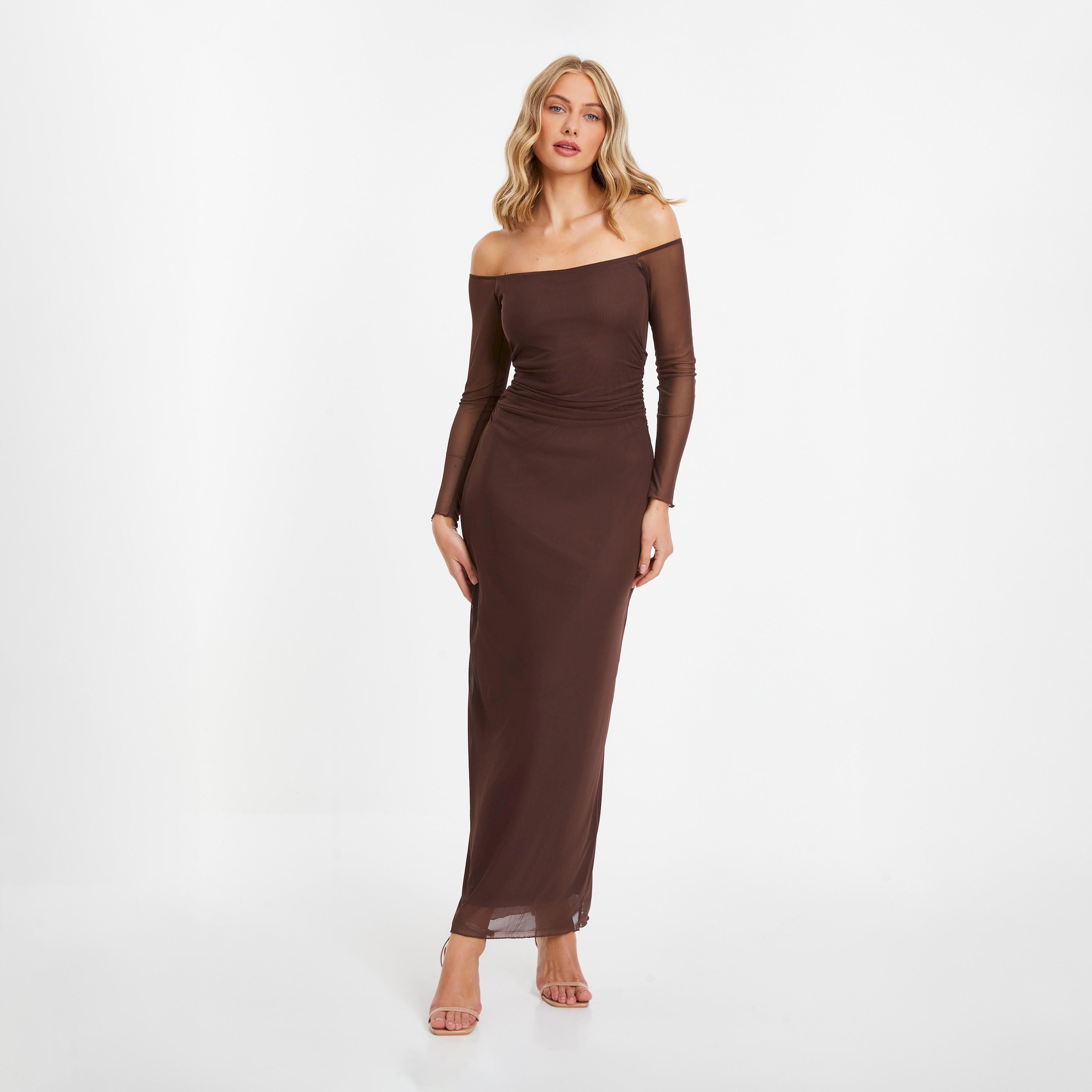 Quiz Brown Mesh Bardot Midaxi Dress-women-clothing-dresses-image-1