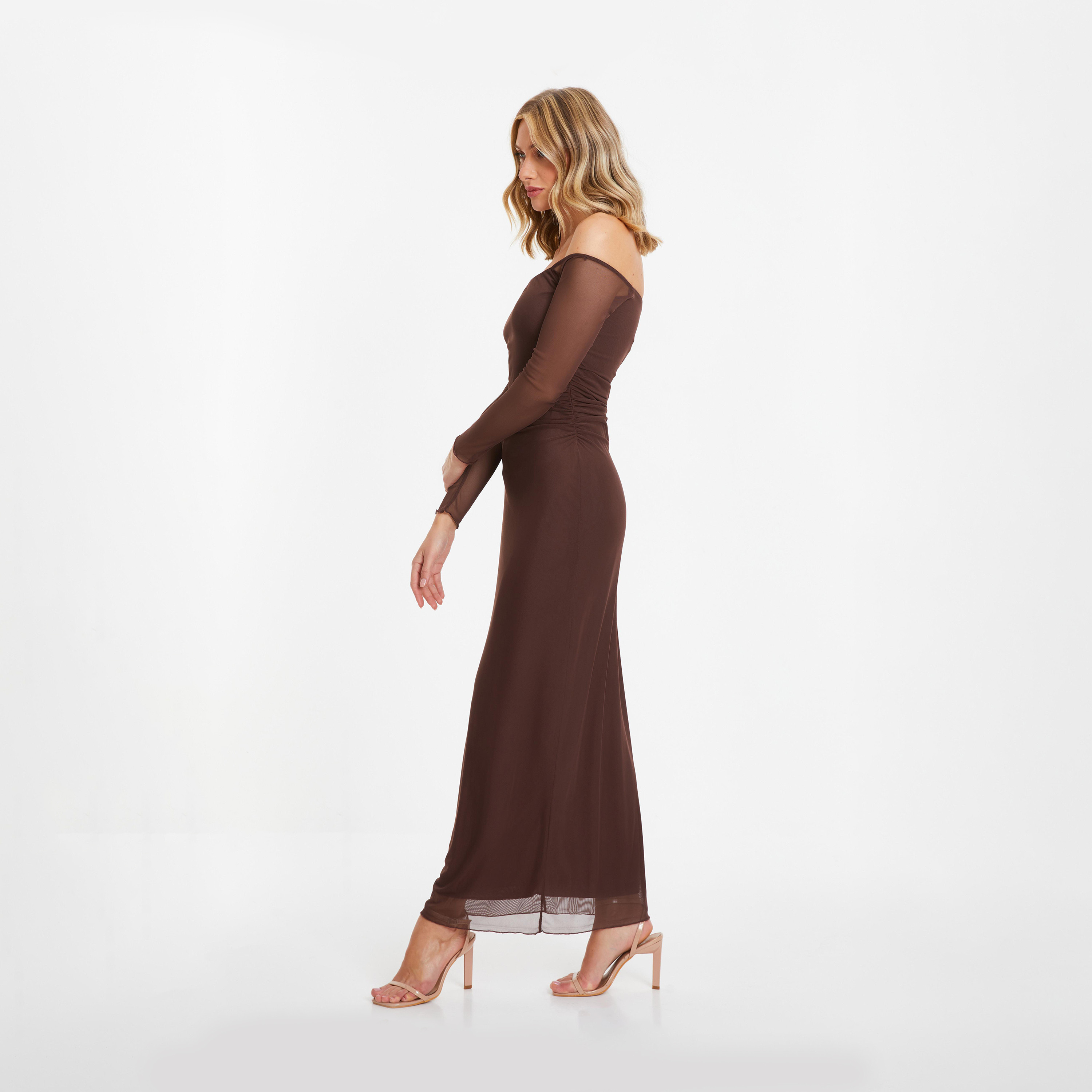 Quiz Brown Mesh Bardot Midaxi Dress-women-clothing-dresses-image-3