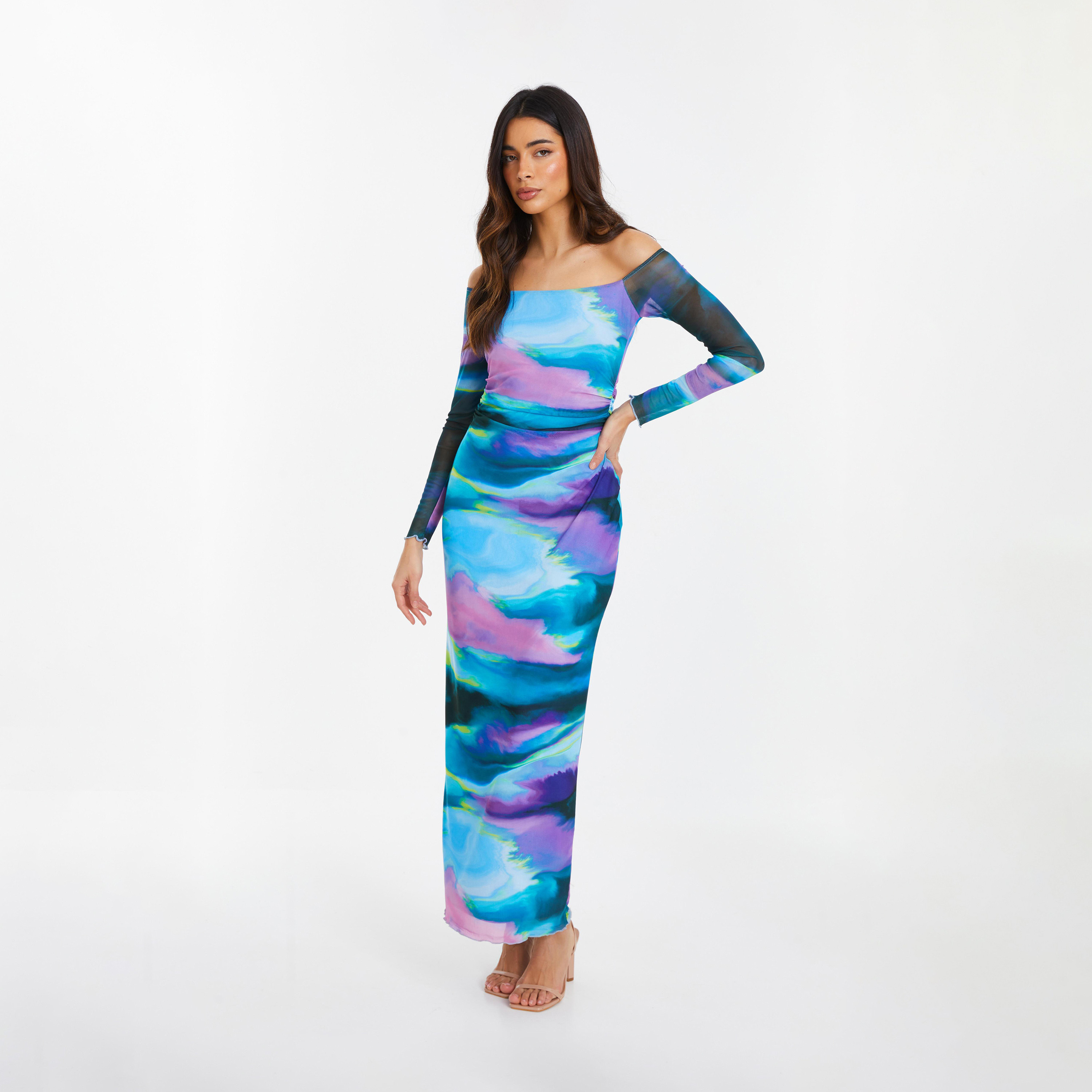 كويز- فستان سهرة طول متوسط شبكي تجريدي أزرق أرجواني-women-clothing-dresses-image-1