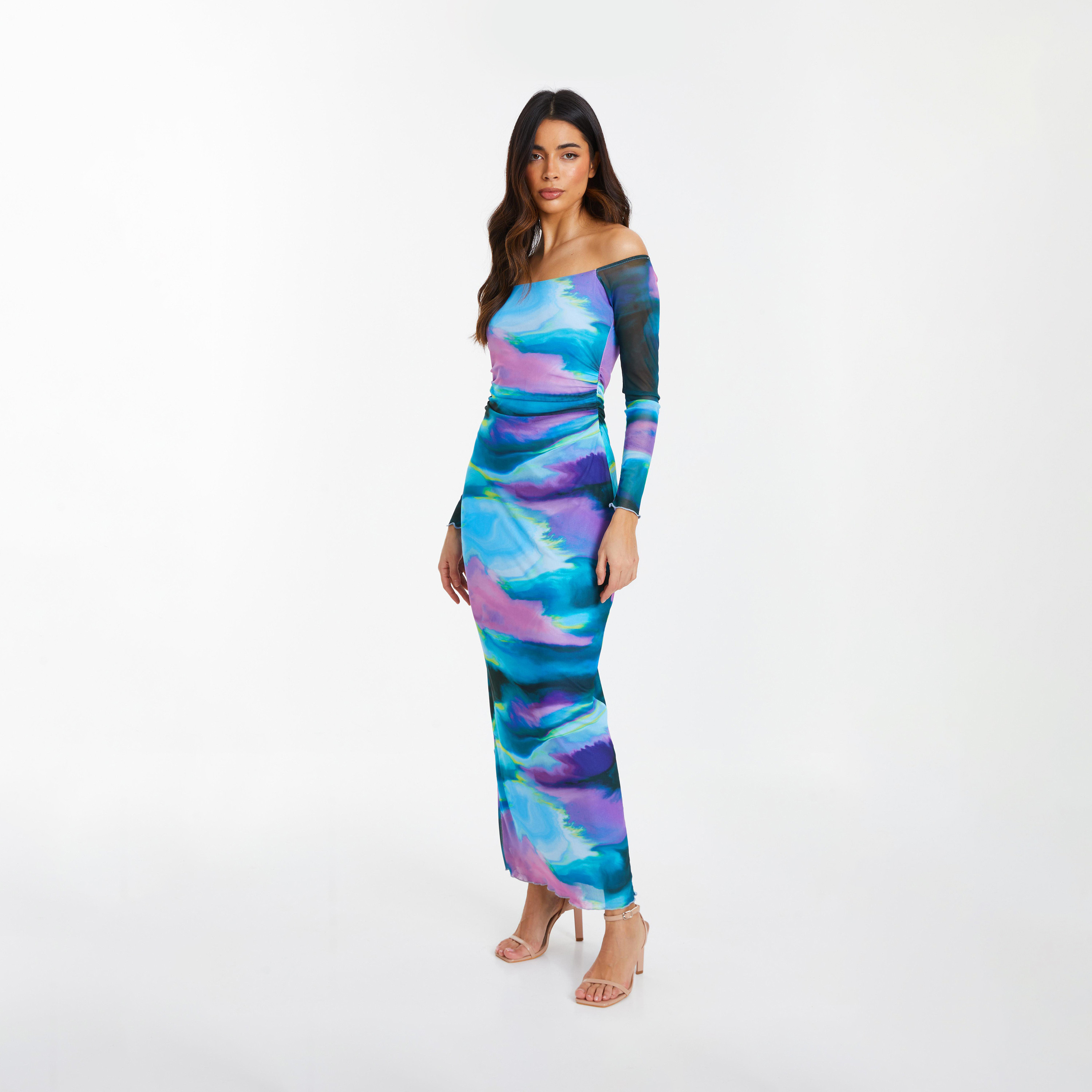 Quiz Blue Lilac Abstract Mesh Bardot Evening Midaxi Dress-women-clothing-dresses-image-3