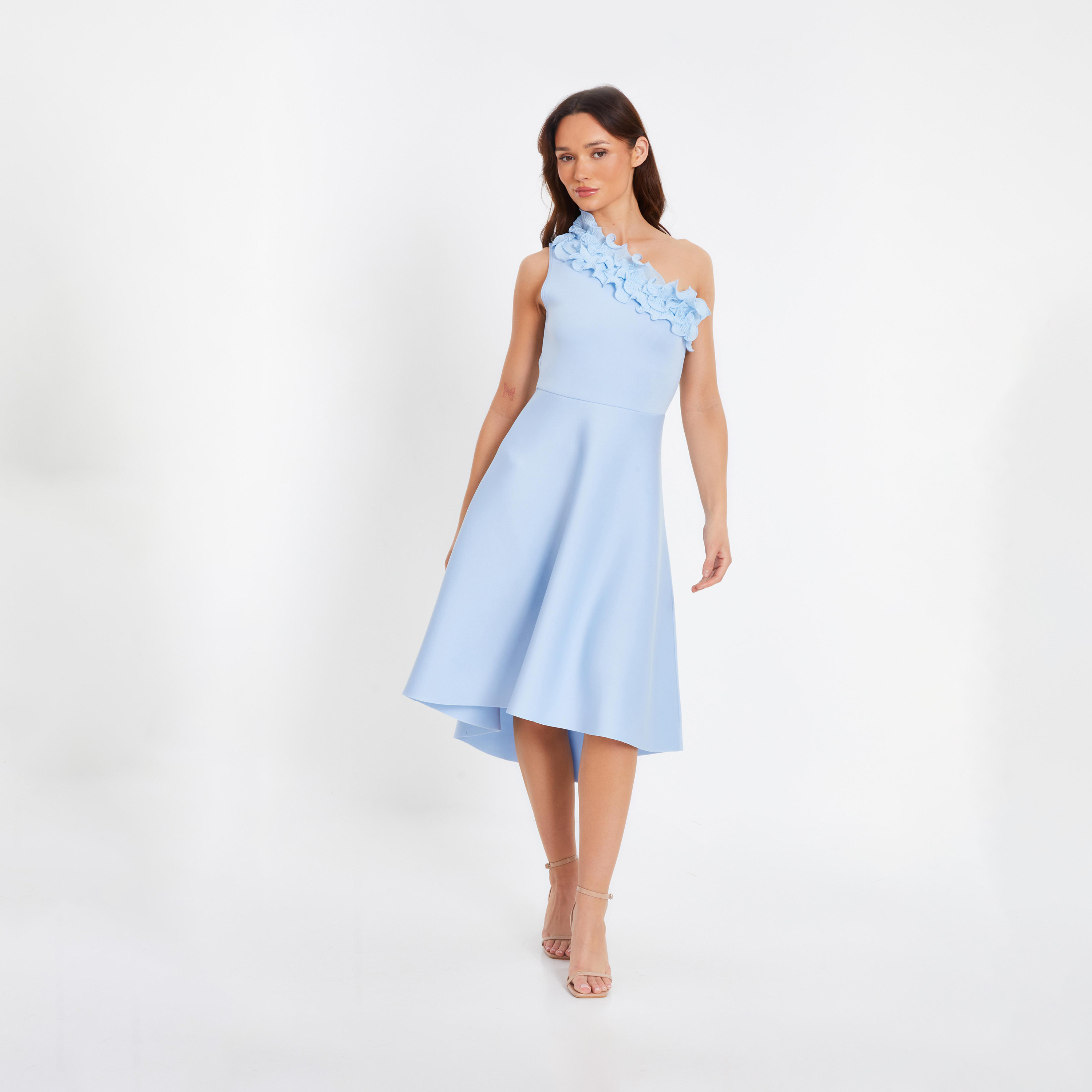 Quiz Light Blue Scuba Ruffle One Shoulder Skater Evening Midi Dress-women-clothing-dresses-image-1