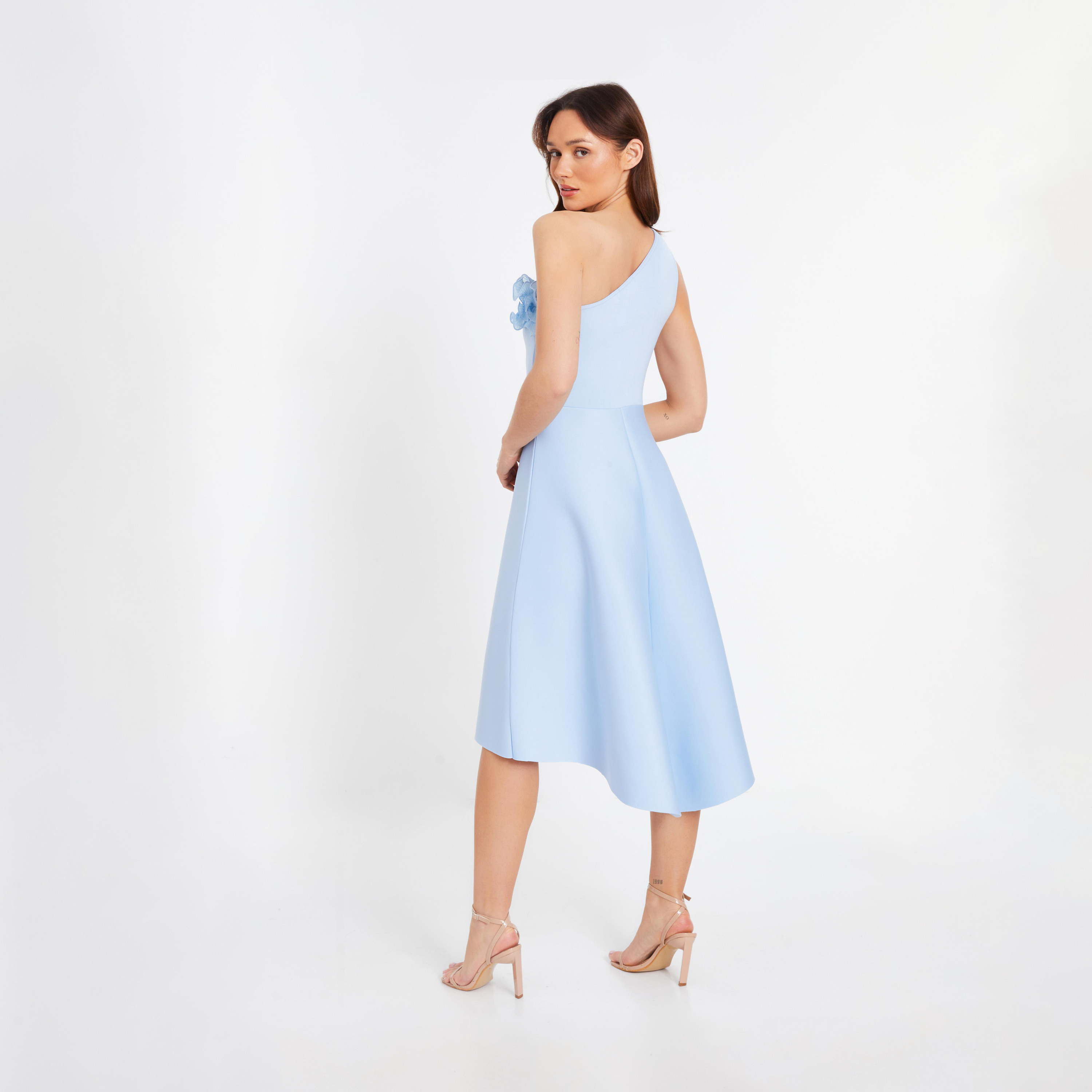 Quiz Light Blue Scuba Ruffle One Shoulder Skater Evening Midi Dress-women-clothing-dresses-image-2