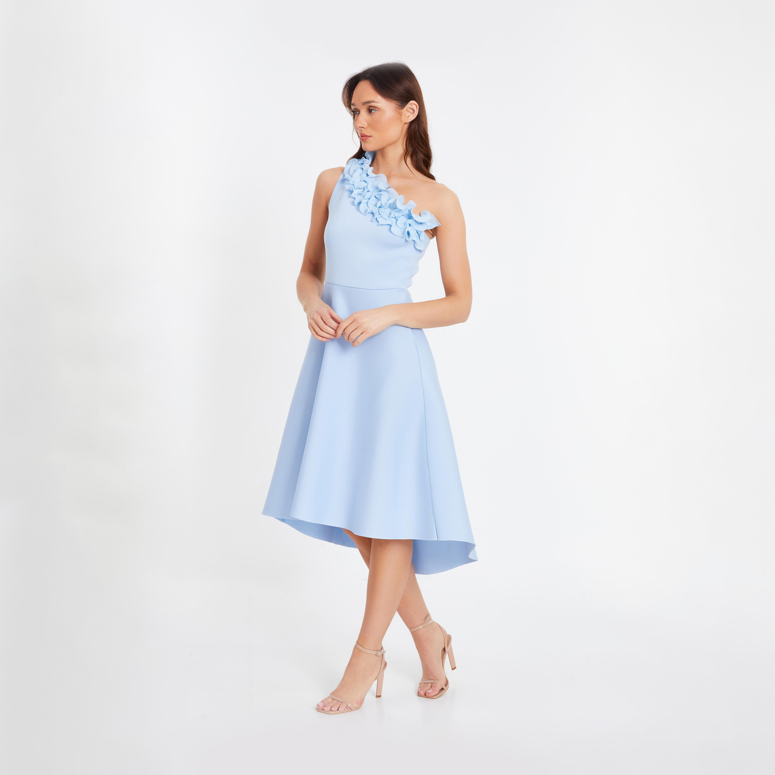 Quiz Light Blue Scuba Ruffle One Shoulder Skater Evening Midi Dress-women-clothing-dresses-image-3