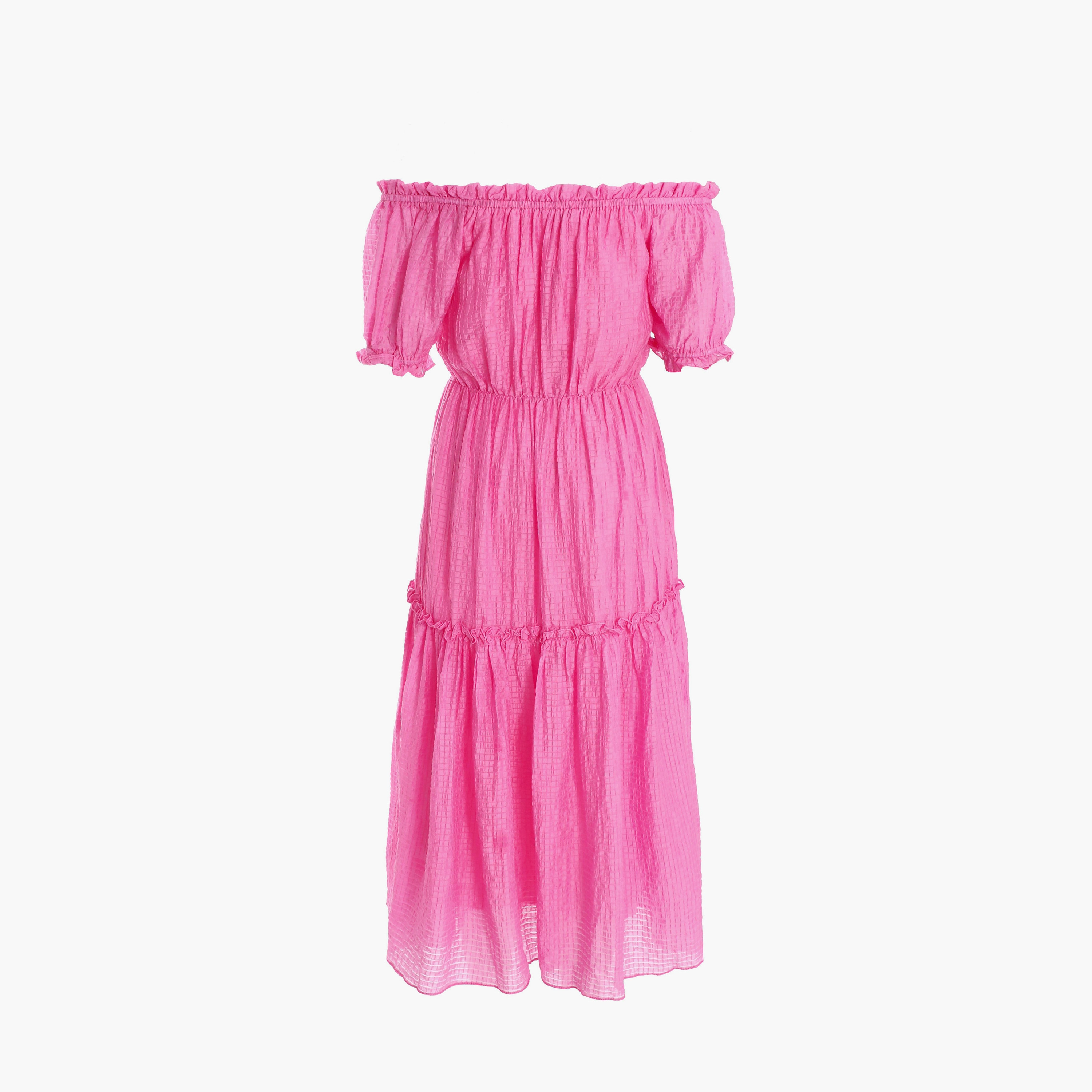 فستان باردوت متوسط الطول مزين بكشكش منسوج وردي اللون من كويز-women-clothing-dresses-image-6