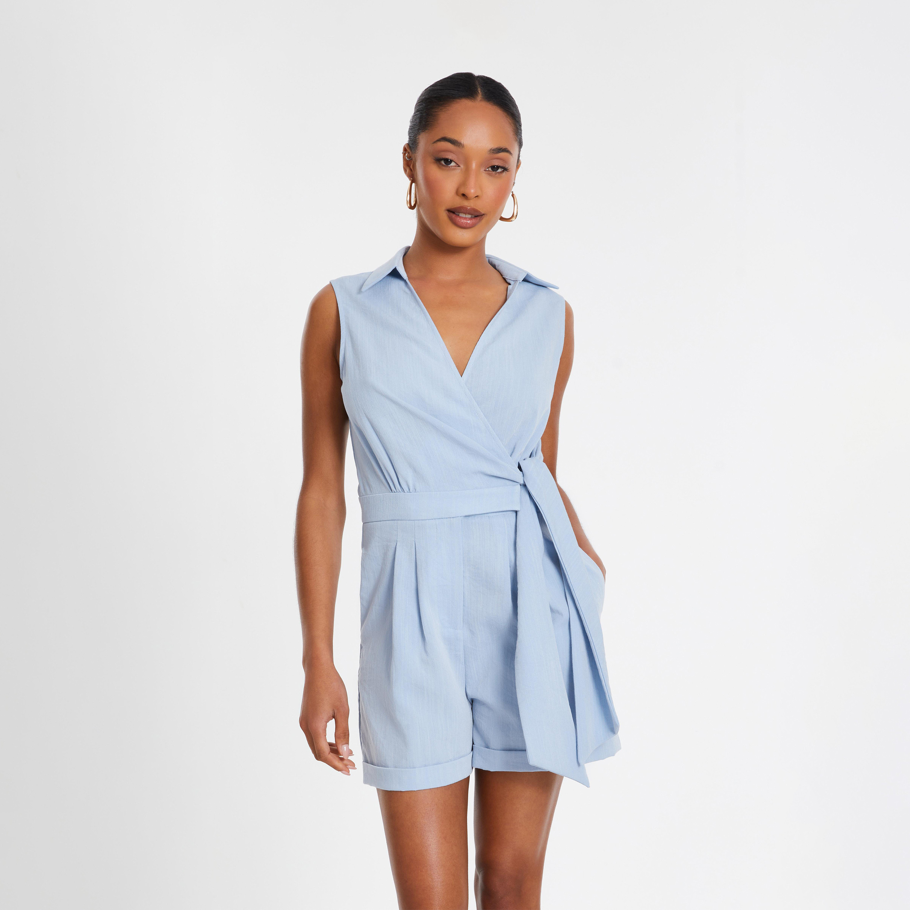 Quiz Light Blue Collar Detail Playsuit-women-clothing-jumpsuits-image-1