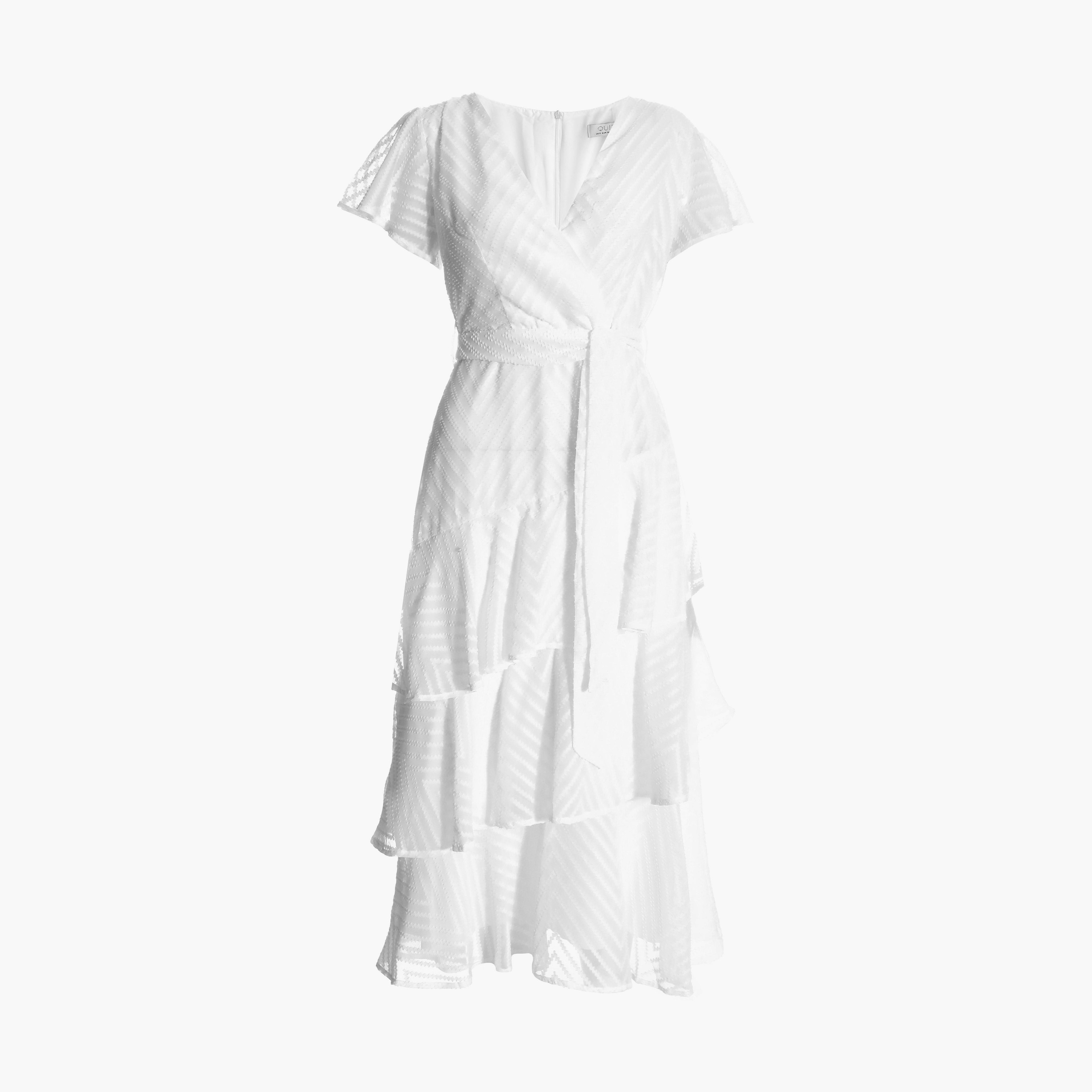 فستان متوسط الطول من الشيفون جاكارد وبكشكشة باللون الأبيض من كويز-women-clothing-dresses-image-5
