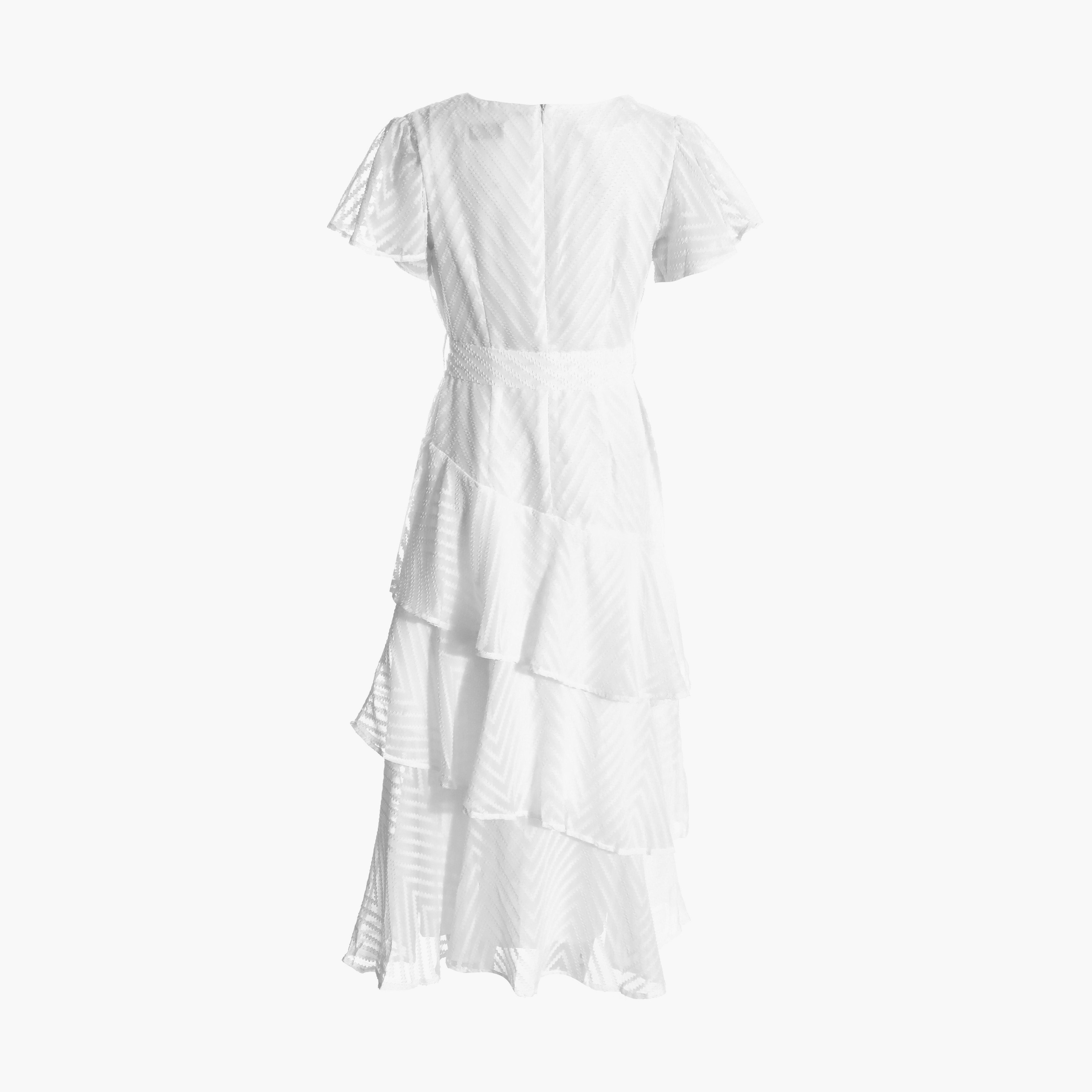فستان متوسط الطول من الشيفون جاكارد وبكشكشة باللون الأبيض من كويز-women-clothing-dresses-image-6