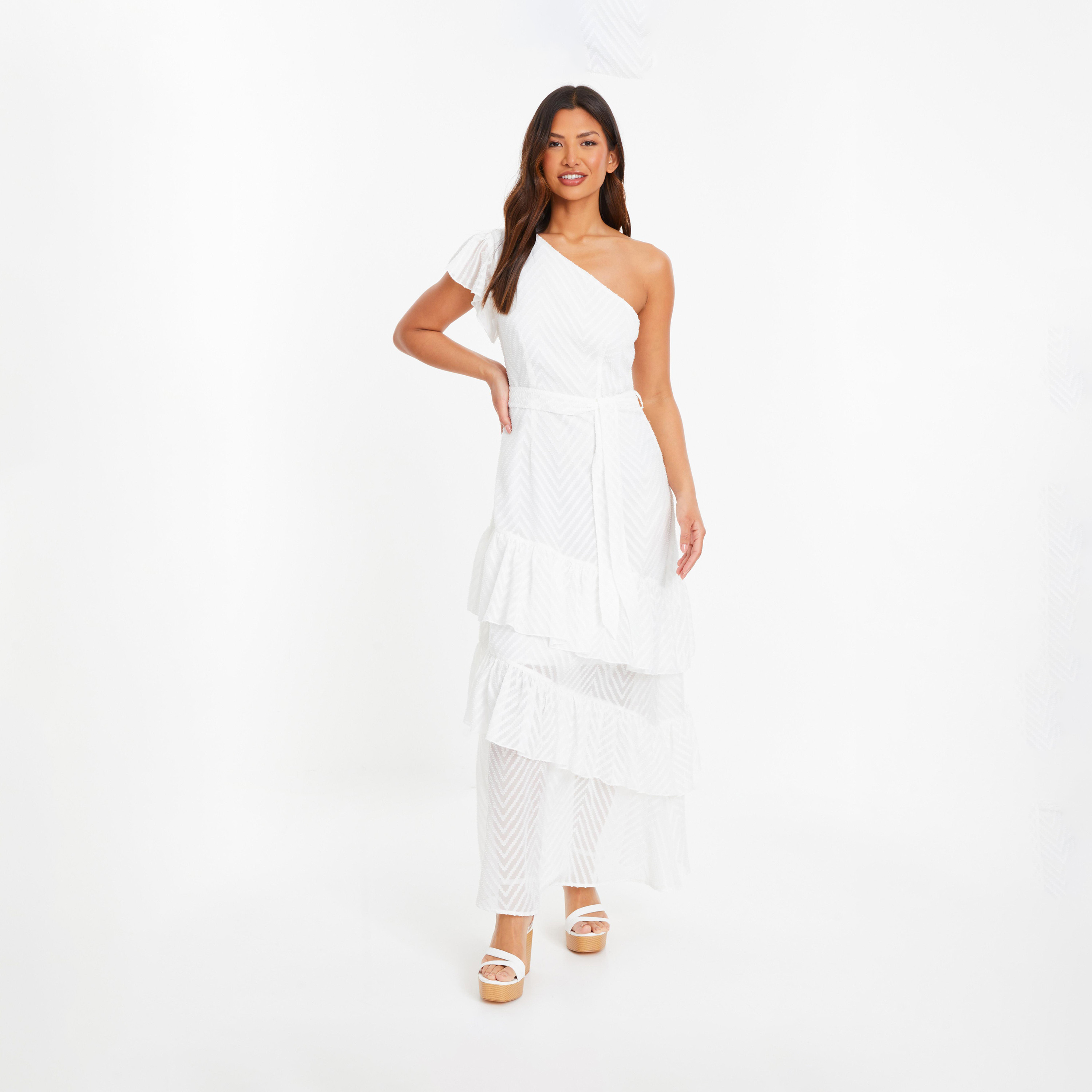 Quiz White Chiffon Jacquard One Shoulder Frill Detail Evening Maxi Dress-women-clothing-dresses-image-1