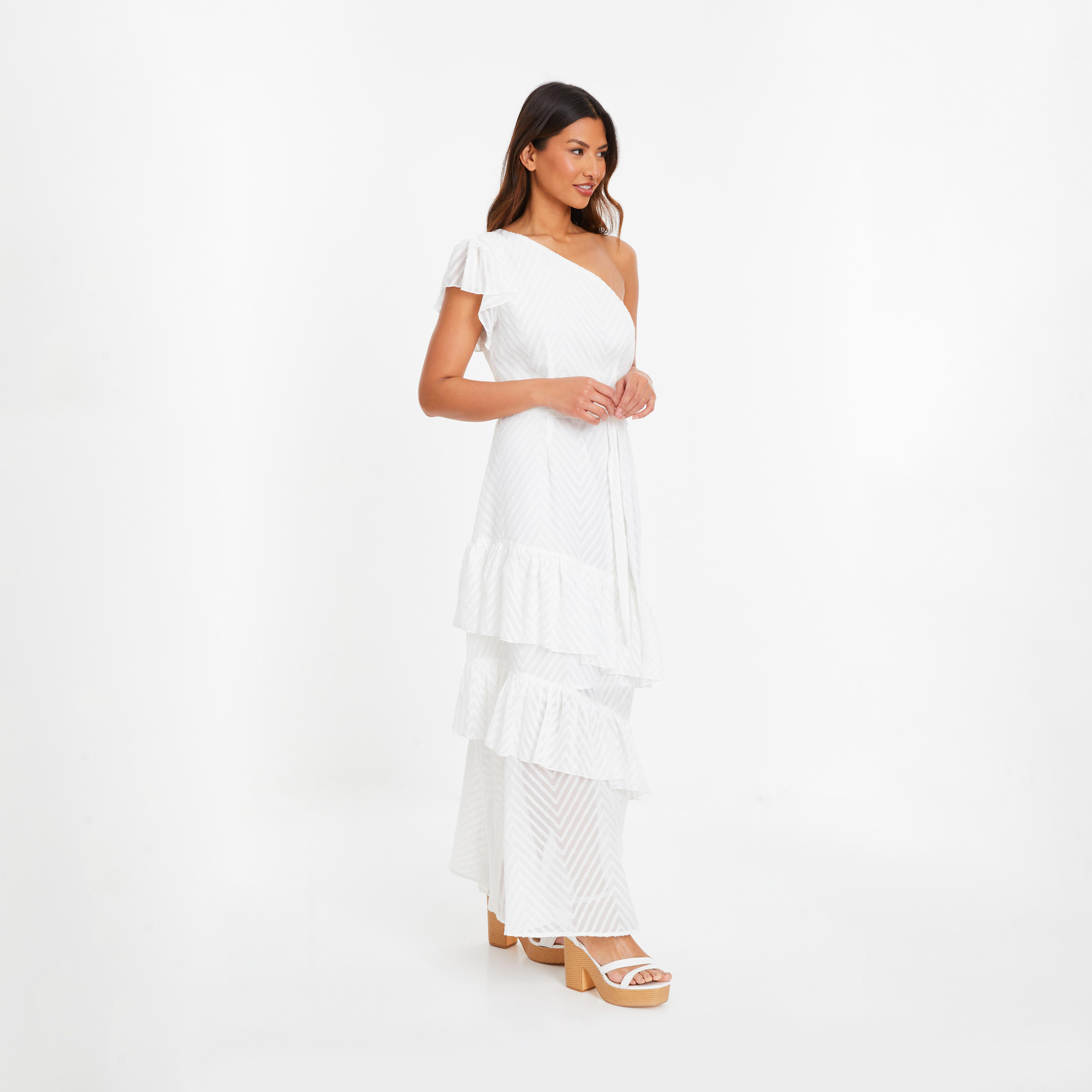 Quiz White Chiffon Jacquard One Shoulder Frill Detail Evening Maxi Dress-women-clothing-dresses-image-3
