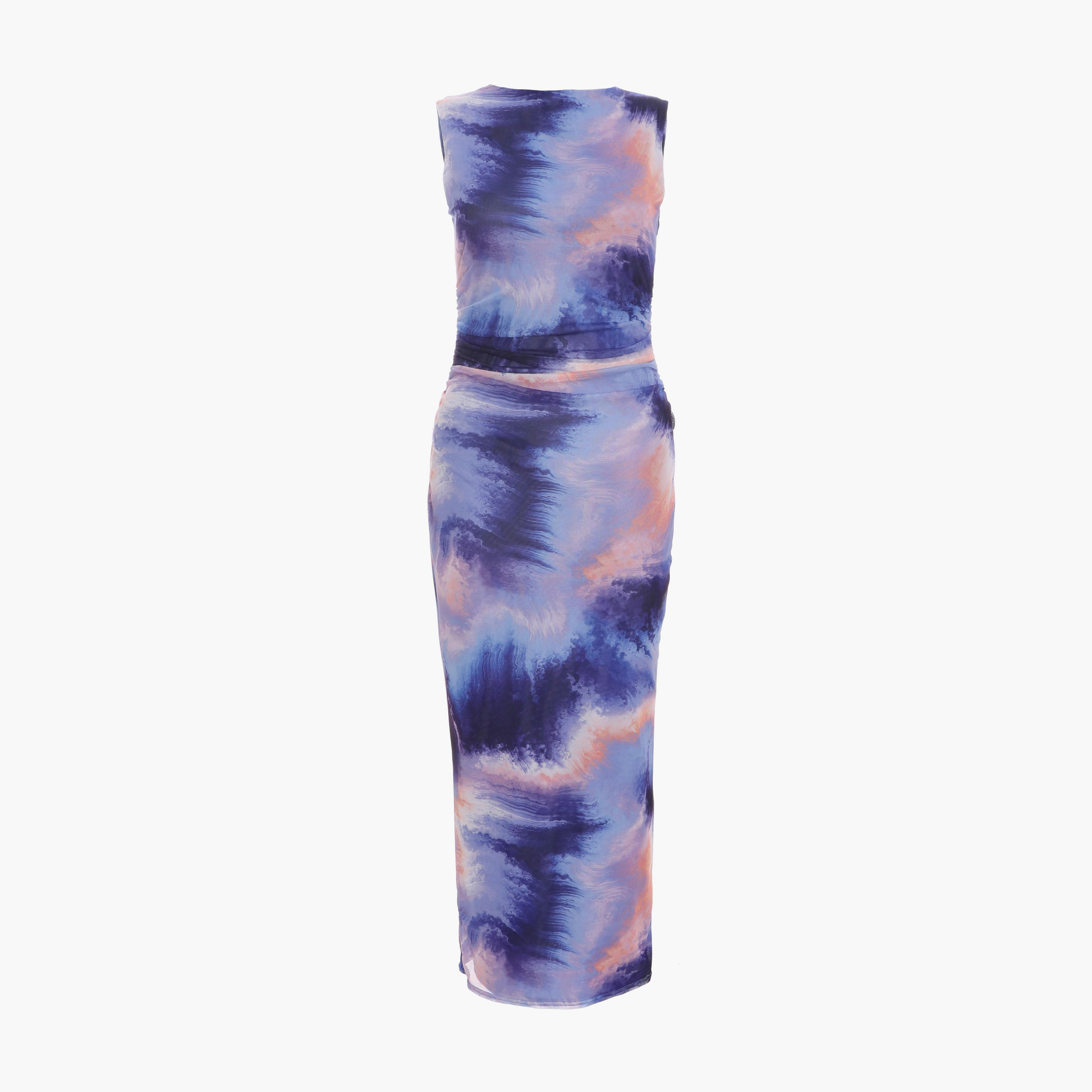 كويز- فستان طول متوسط أرجواني شبكي تجريدي برقبة دائرية لون أزرق-women-clothing-dresses-image-5