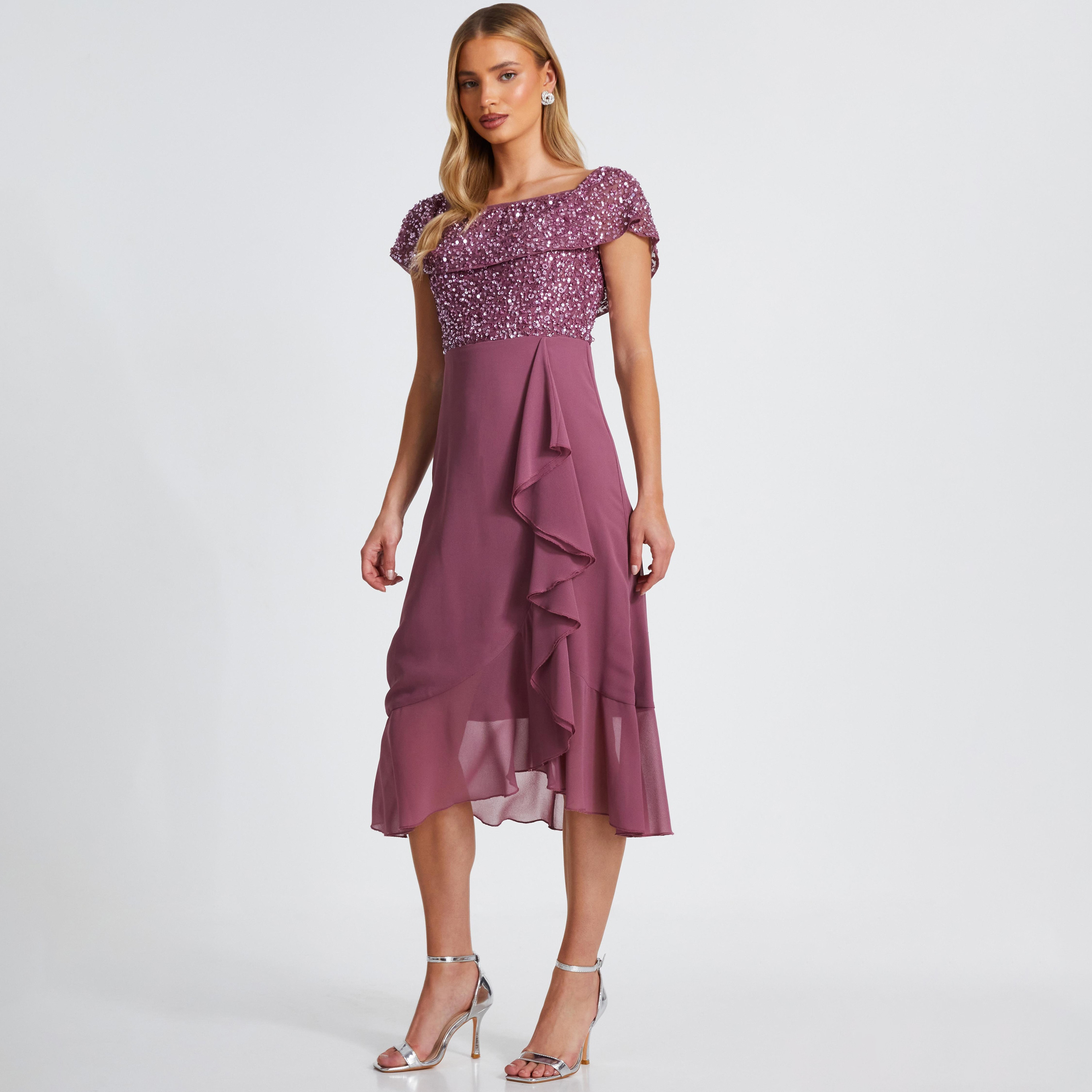 Quiz Pink Sequin/Chiffon Bardot Midi Dress-women-clothing-dresses-image-1