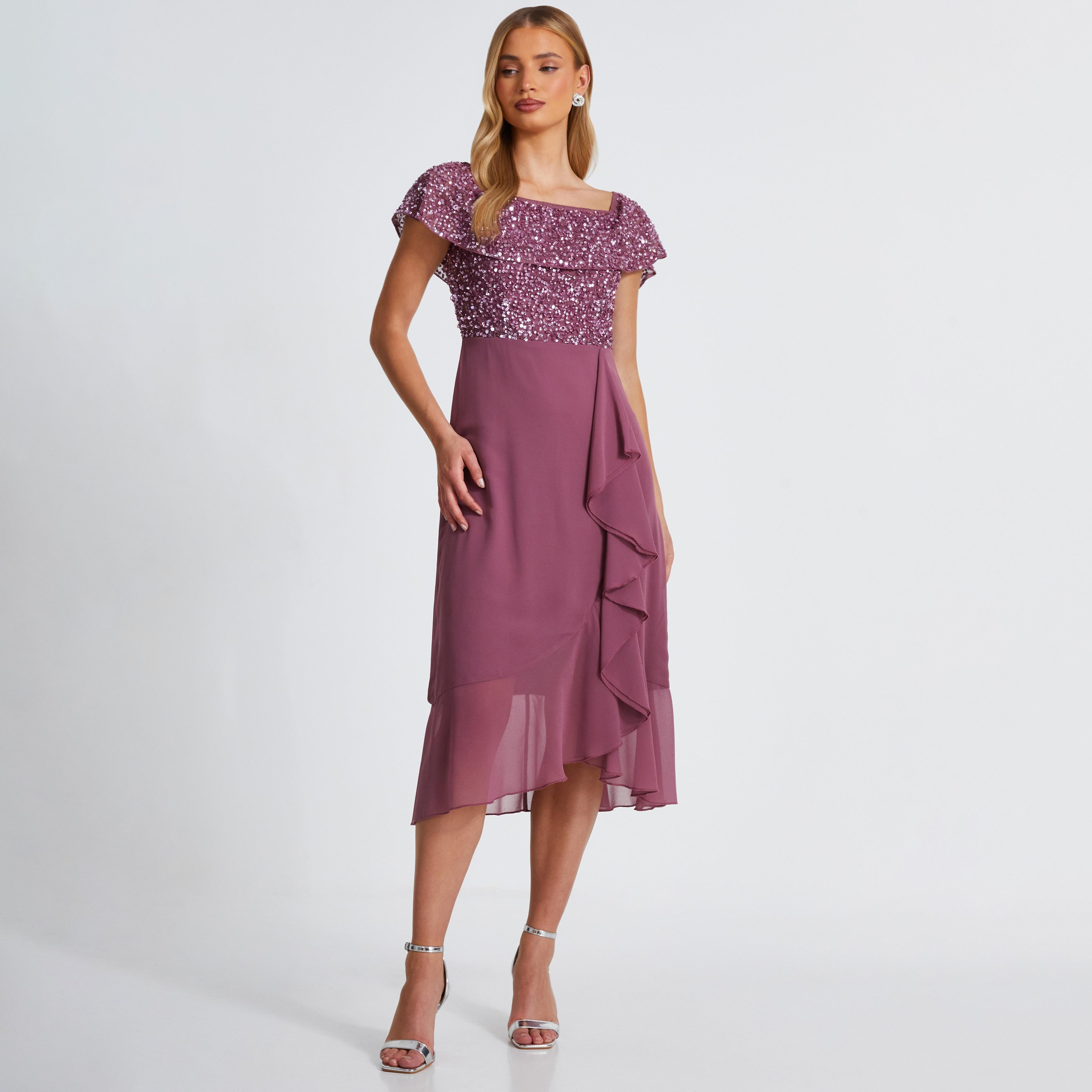 Quiz Pink Sequin/Chiffon Bardot Midi Dress-women-clothing-dresses-image-2