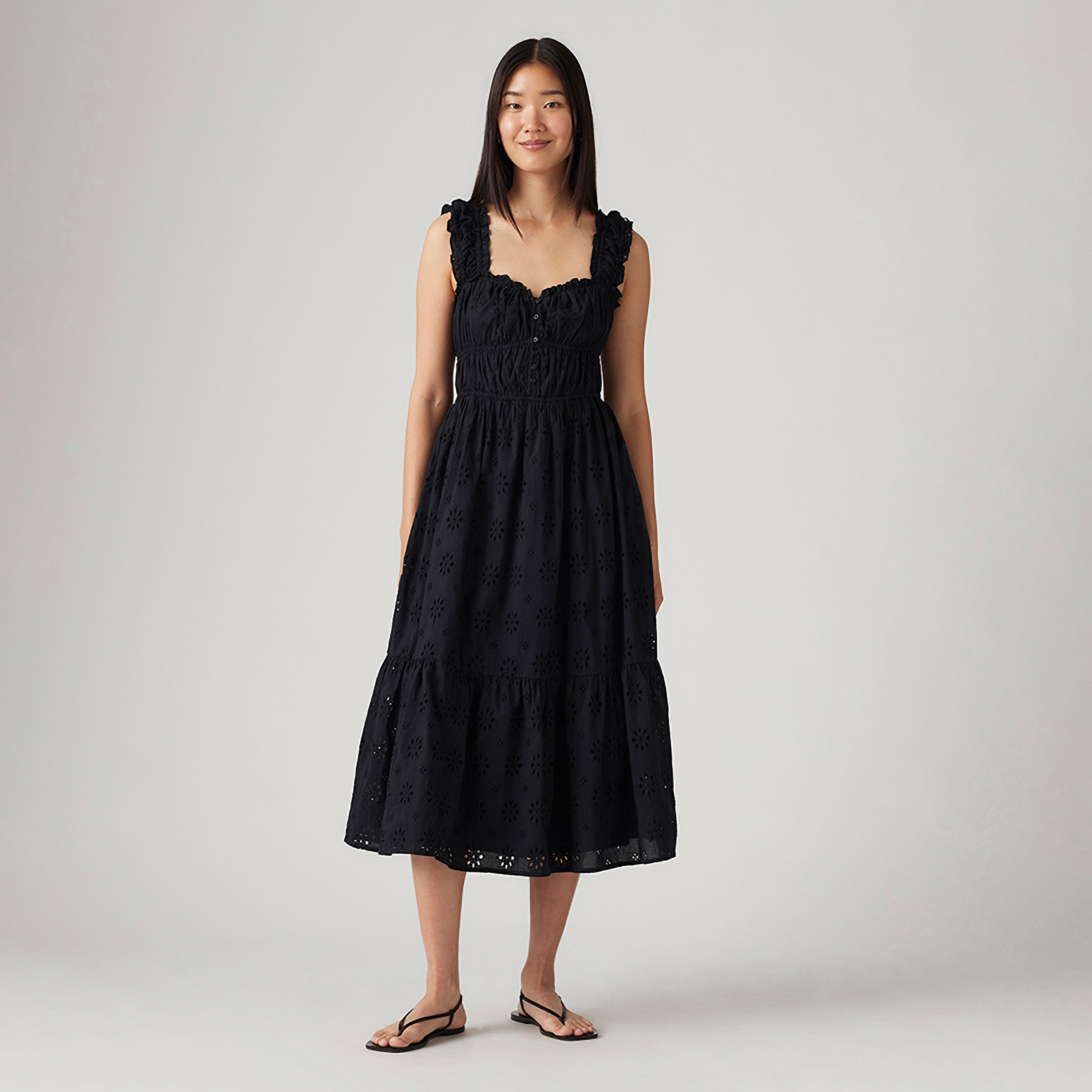 فستان شيفلي متوسط الطول من القطن بحمالات كتف للنساء أسود من ليفايس-women-clothing-dresses-image-1
