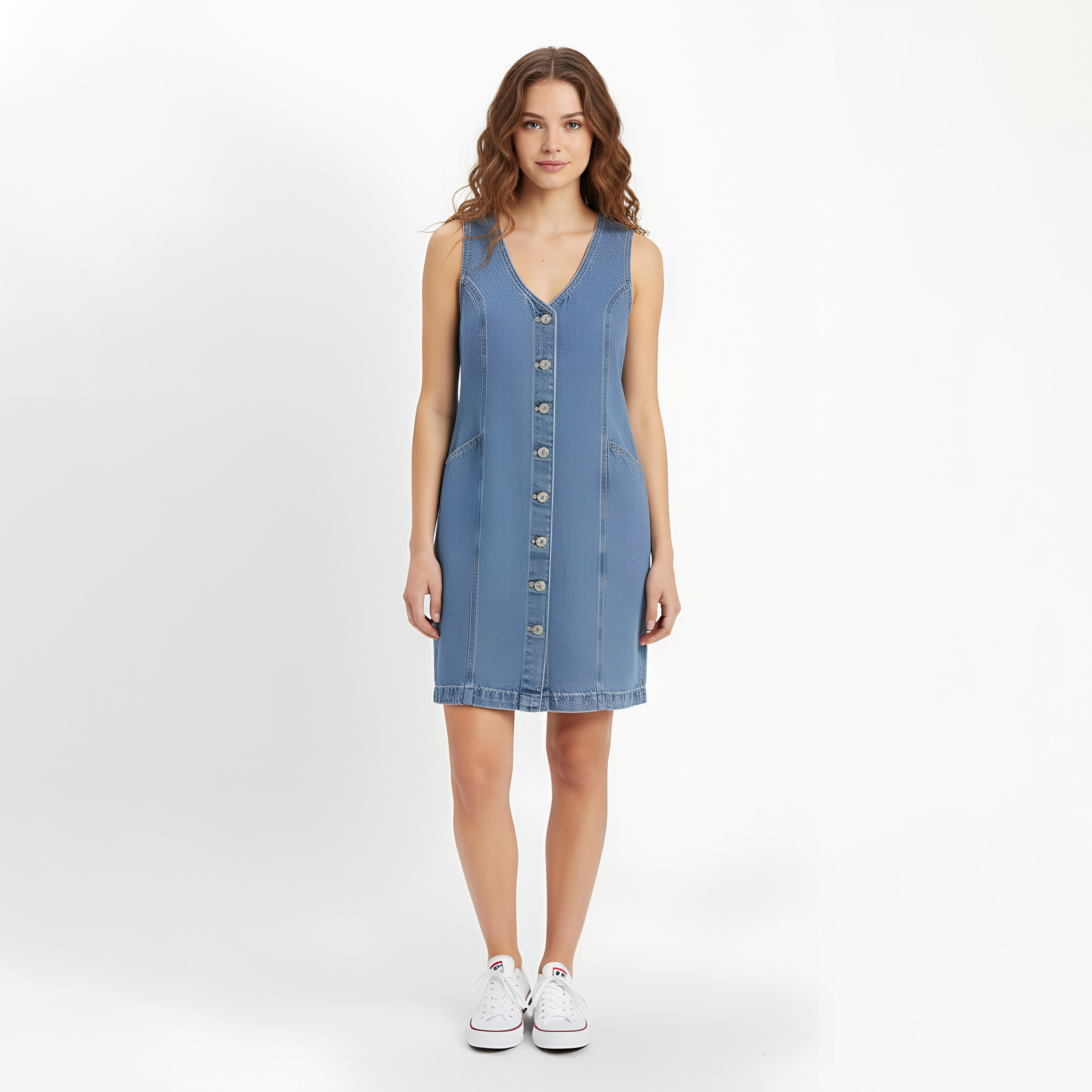 فستان بطول الركبة نسائي دينم بدون اكمام من القطن ازرق من ليفايس-women-clothing-dresses-image-1