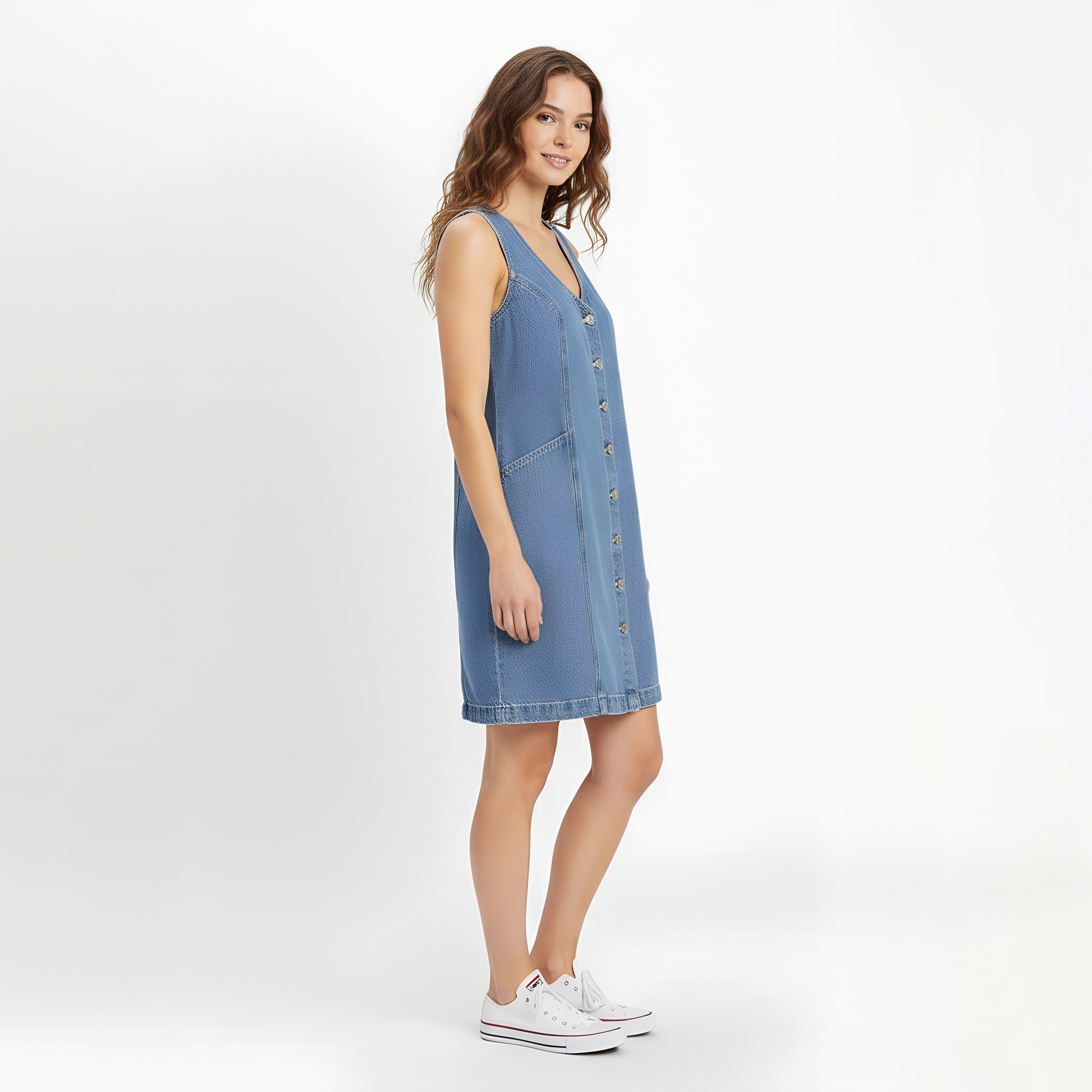 فستان بطول الركبة نسائي دينم بدون اكمام من القطن ازرق من ليفايس-women-clothing-dresses-image-2