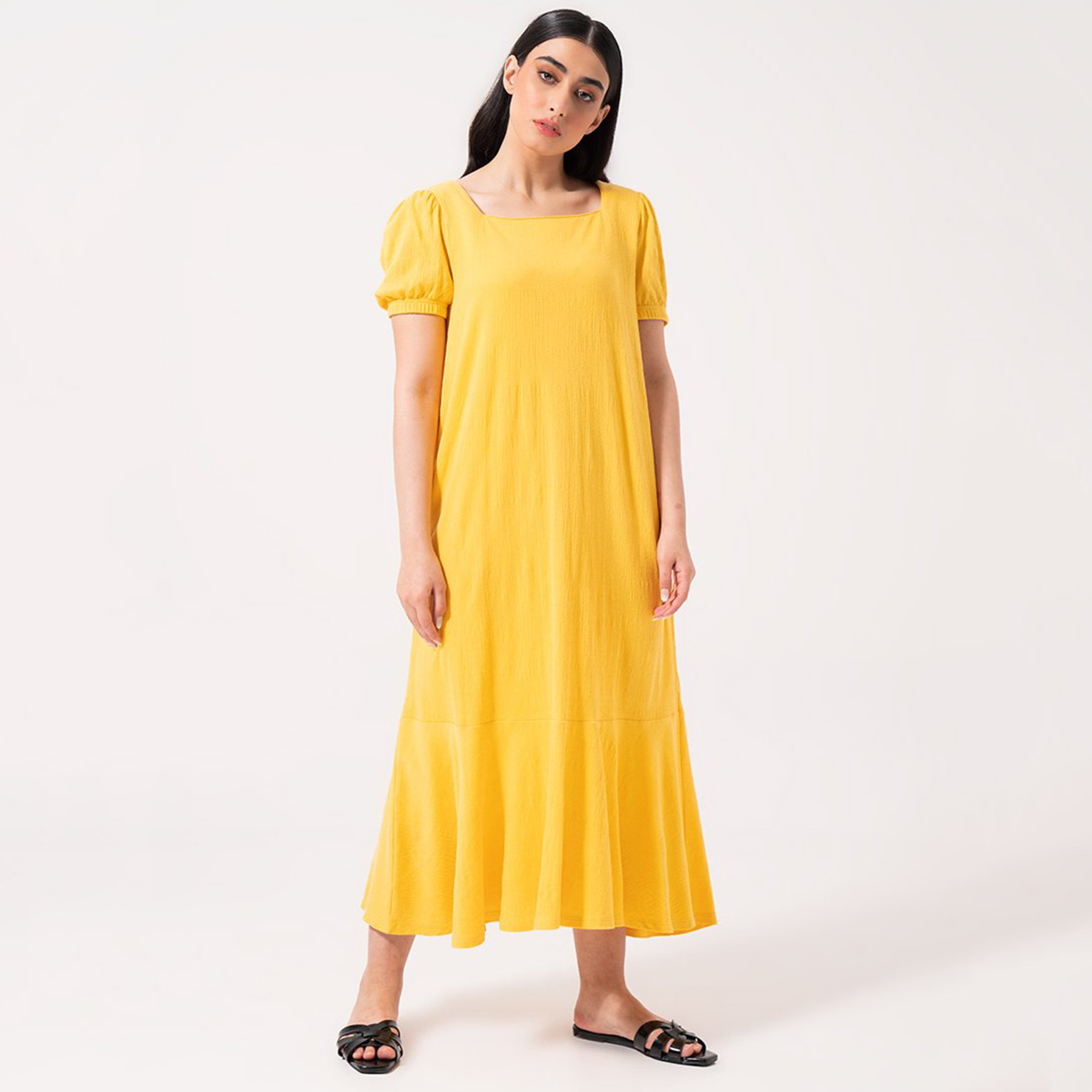 Rina Cotton And Polyester Ruffle Women Yellow Midi Dress-women-clothing-dresses-image-1