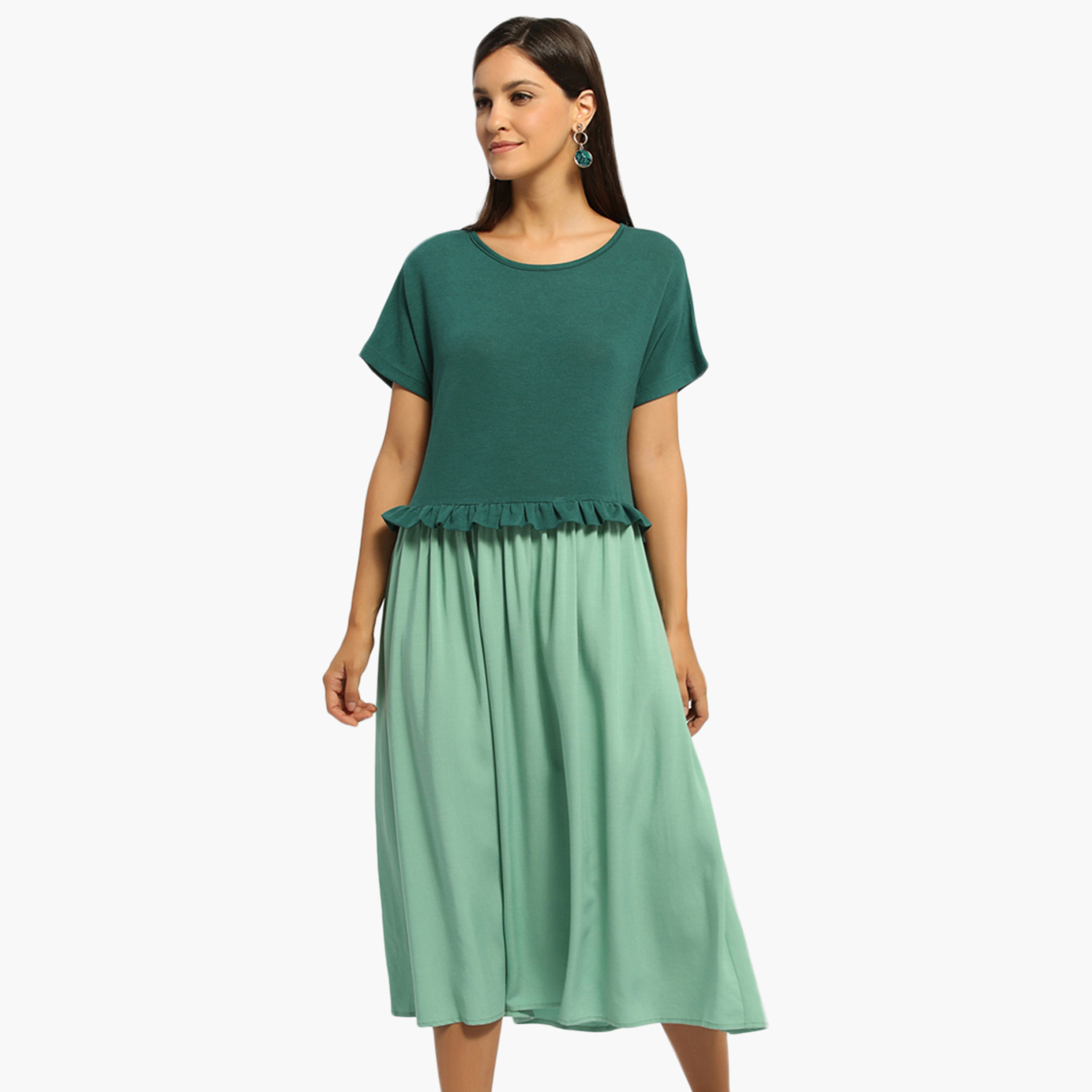 Rina Women Polyester and Cotton Solid Green Midi Dress-women-clothing-dresses-image-1