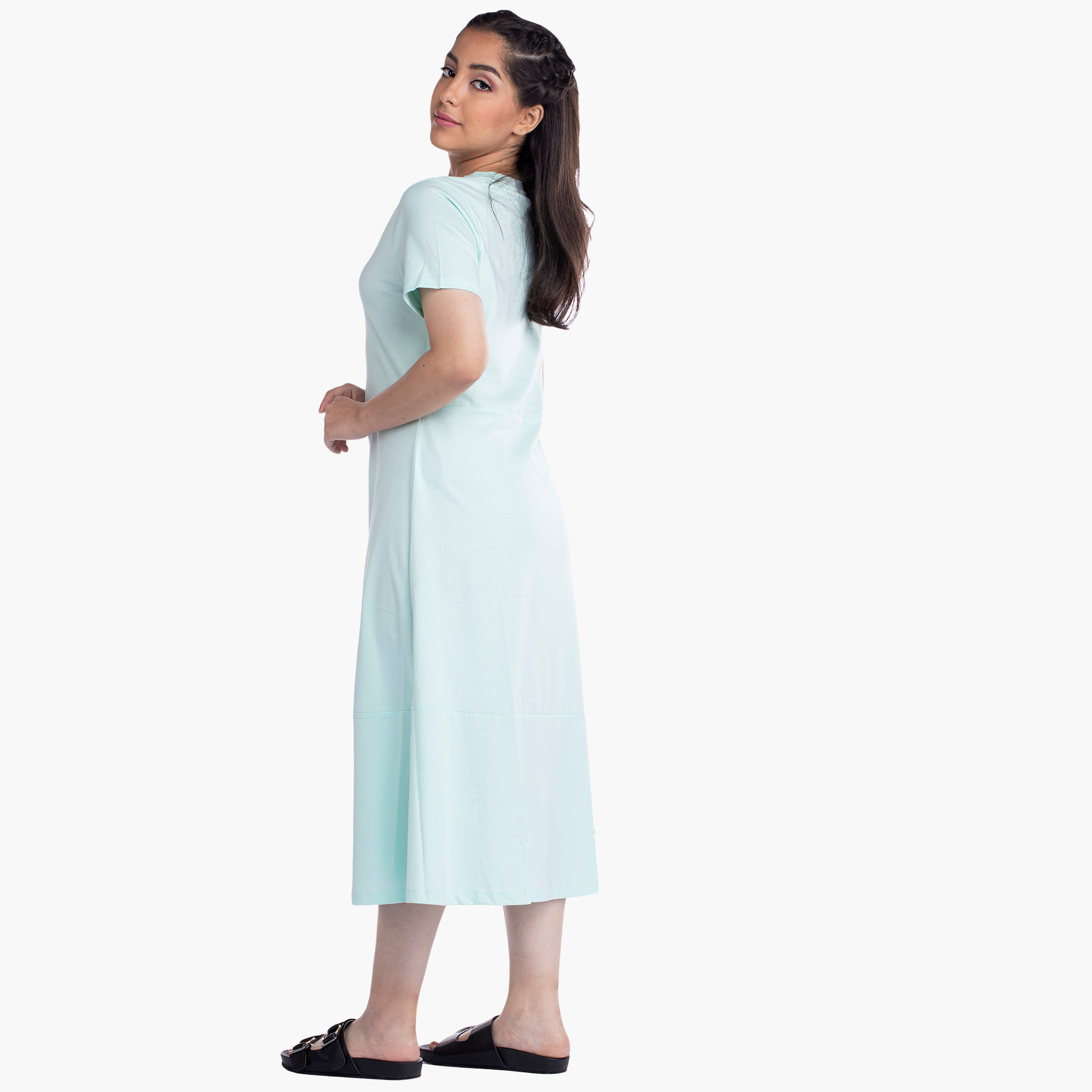 Rina Women Polyester and Cotton Solid Blue Midi Shift Dress-women-clothing-dresses-image-2