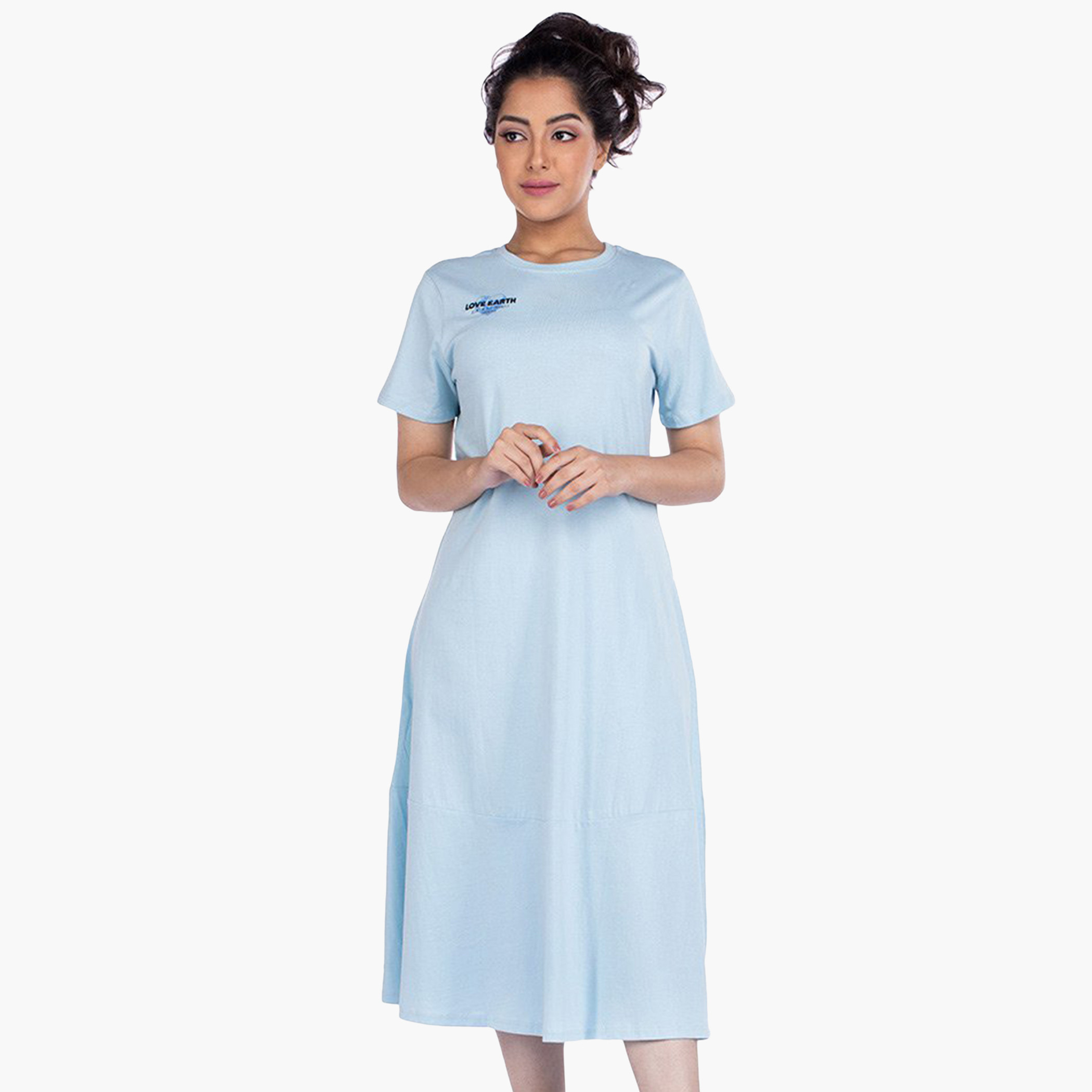 Rina Women Polyester and Cotton Solid Blue Midi Shift Dress-women-clothing-dresses-image-1