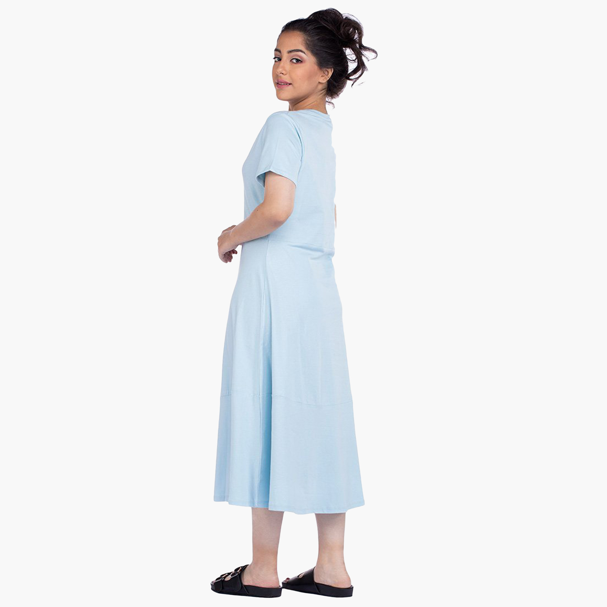 Rina Women Polyester and Cotton Solid Blue Midi Shift Dress-women-clothing-dresses-image-3