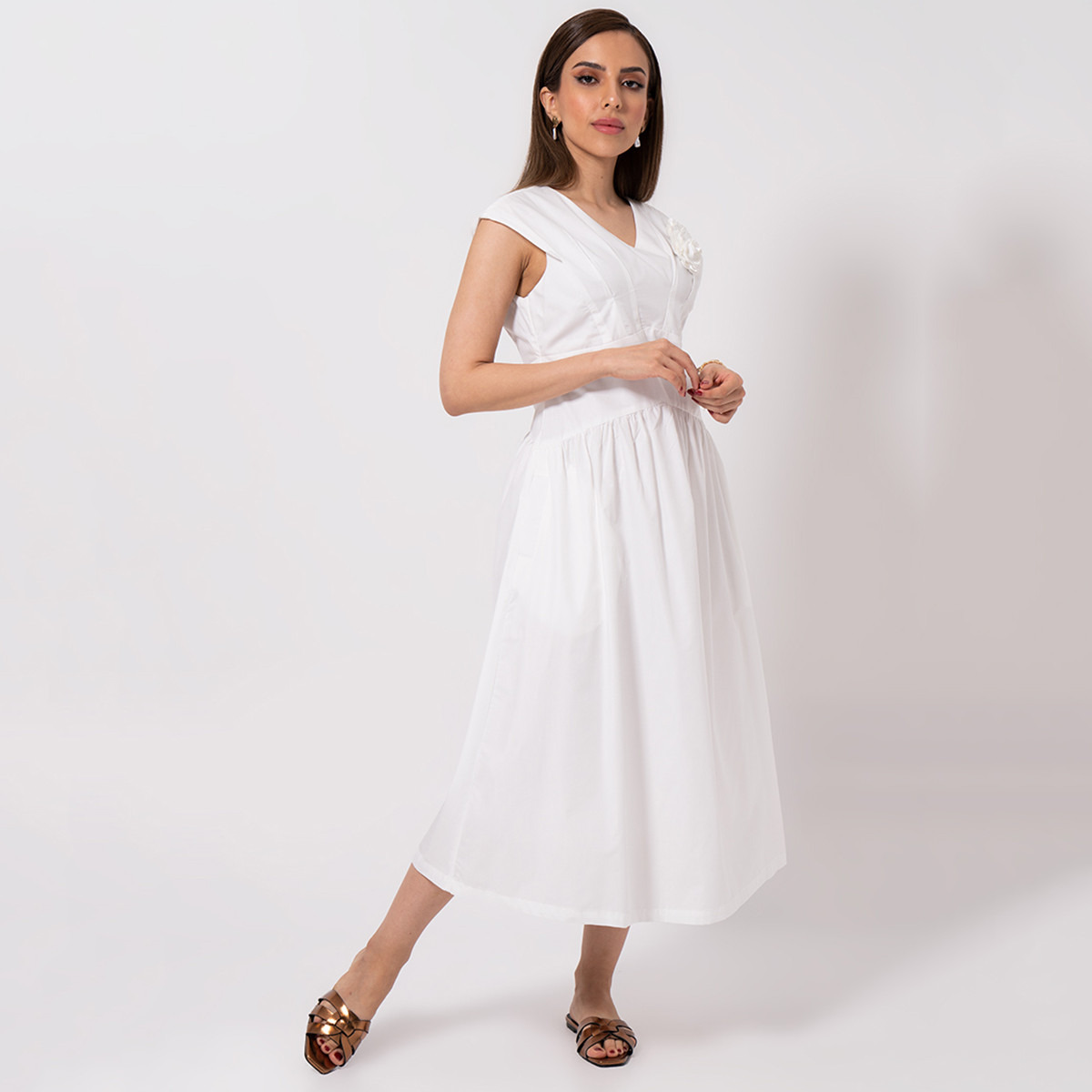 Rina Cotton & Polyester Solid Women White Midi Dress-women-clothing-dresses-image-1