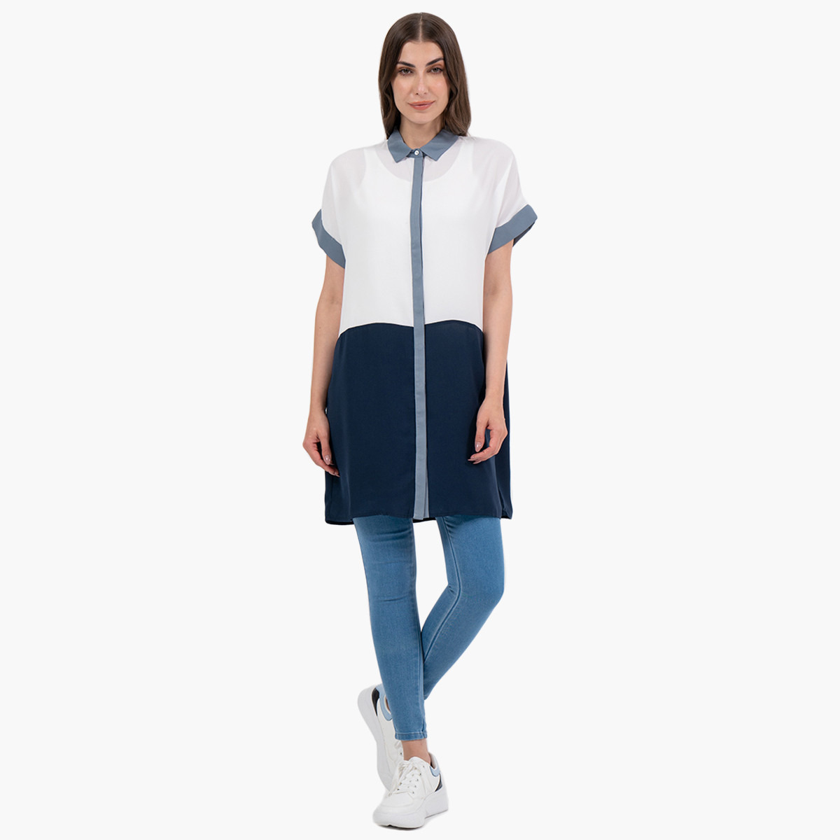 Rina Women Colour Blocking Short Sleeves Long Shirt-women-clothing-shirtsandblouses-blouses-image-1