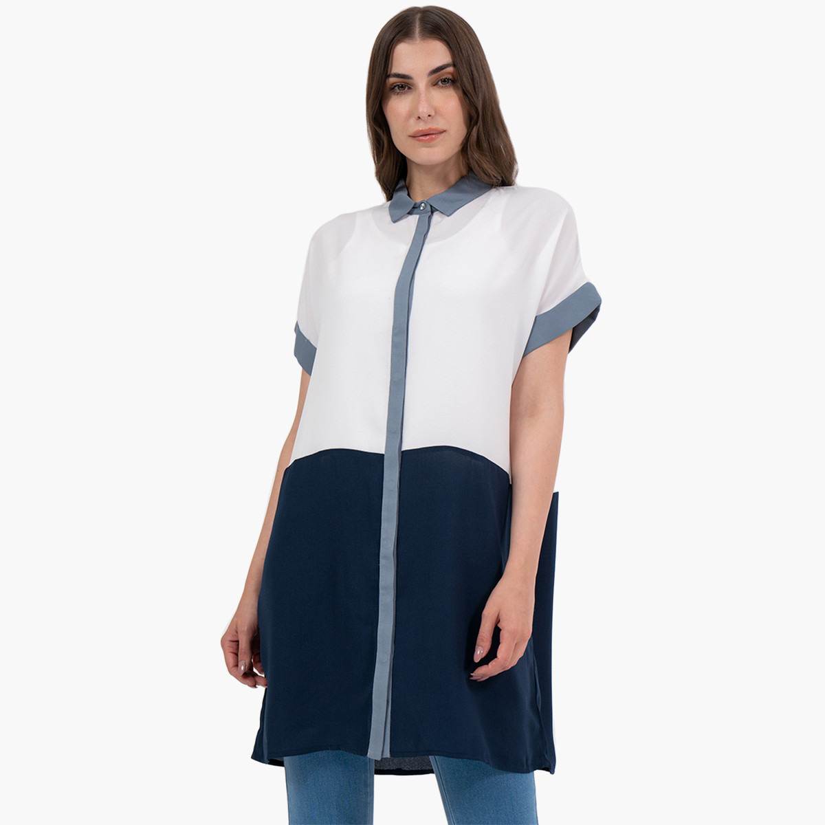 Rina Women Colour Blocking Short Sleeves Long Shirt-women-clothing-shirtsandblouses-blouses-image-2