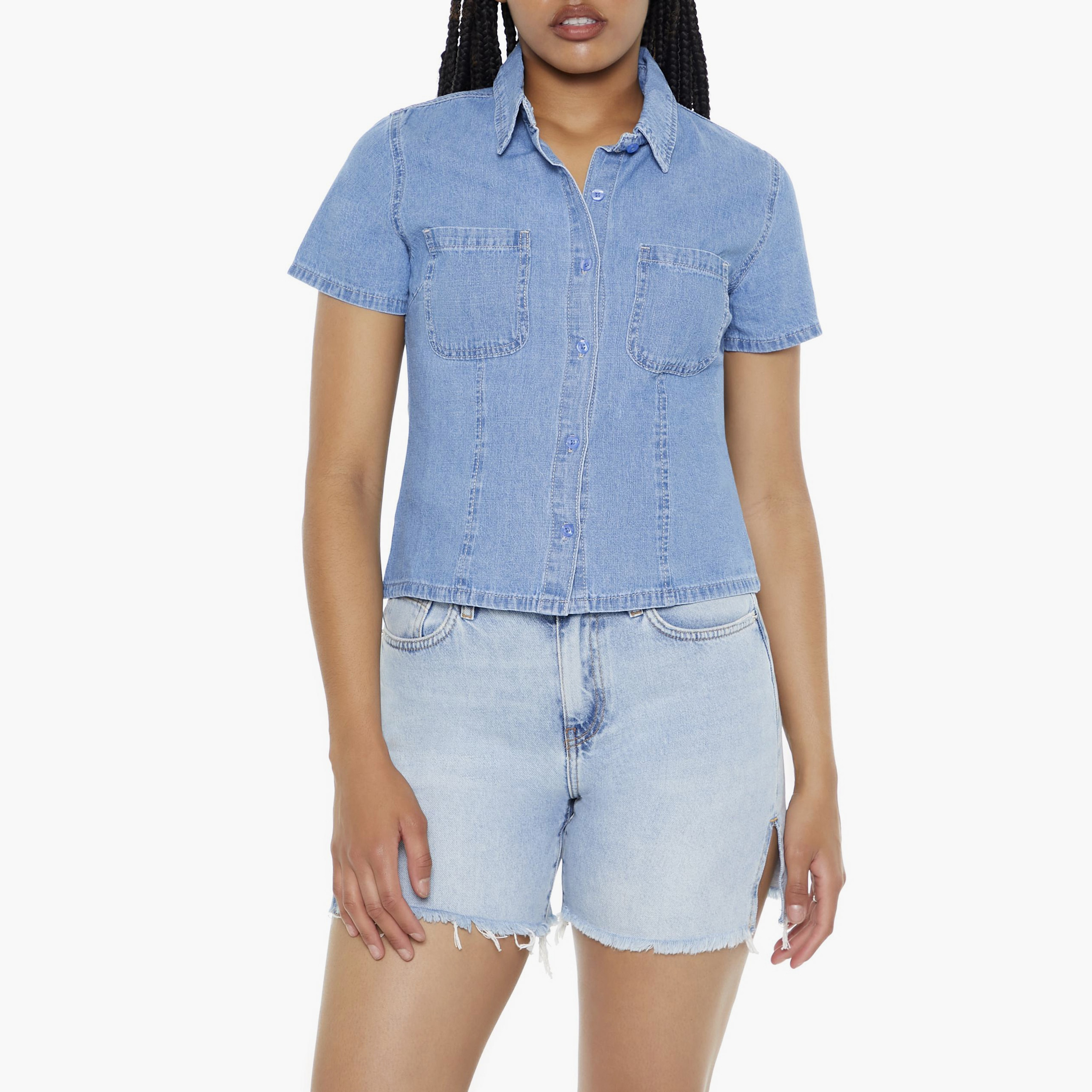 Buy Women s Forever 21 Plain Collared Short Sleeves Women s Denim Shirt Online Centrepoint UAE