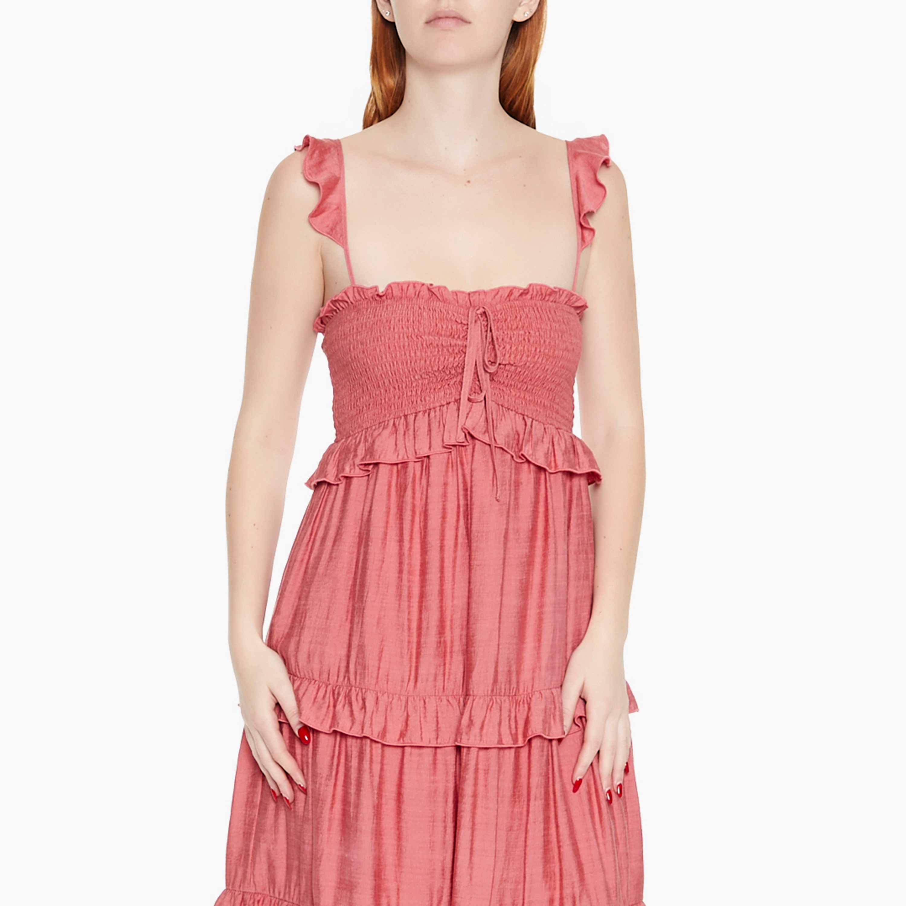 Buy Women s Forever 21 Faded Rose Smocked Detail Shoulder Strap Tiered Midi Women s Dress Online Centrepoint UAE