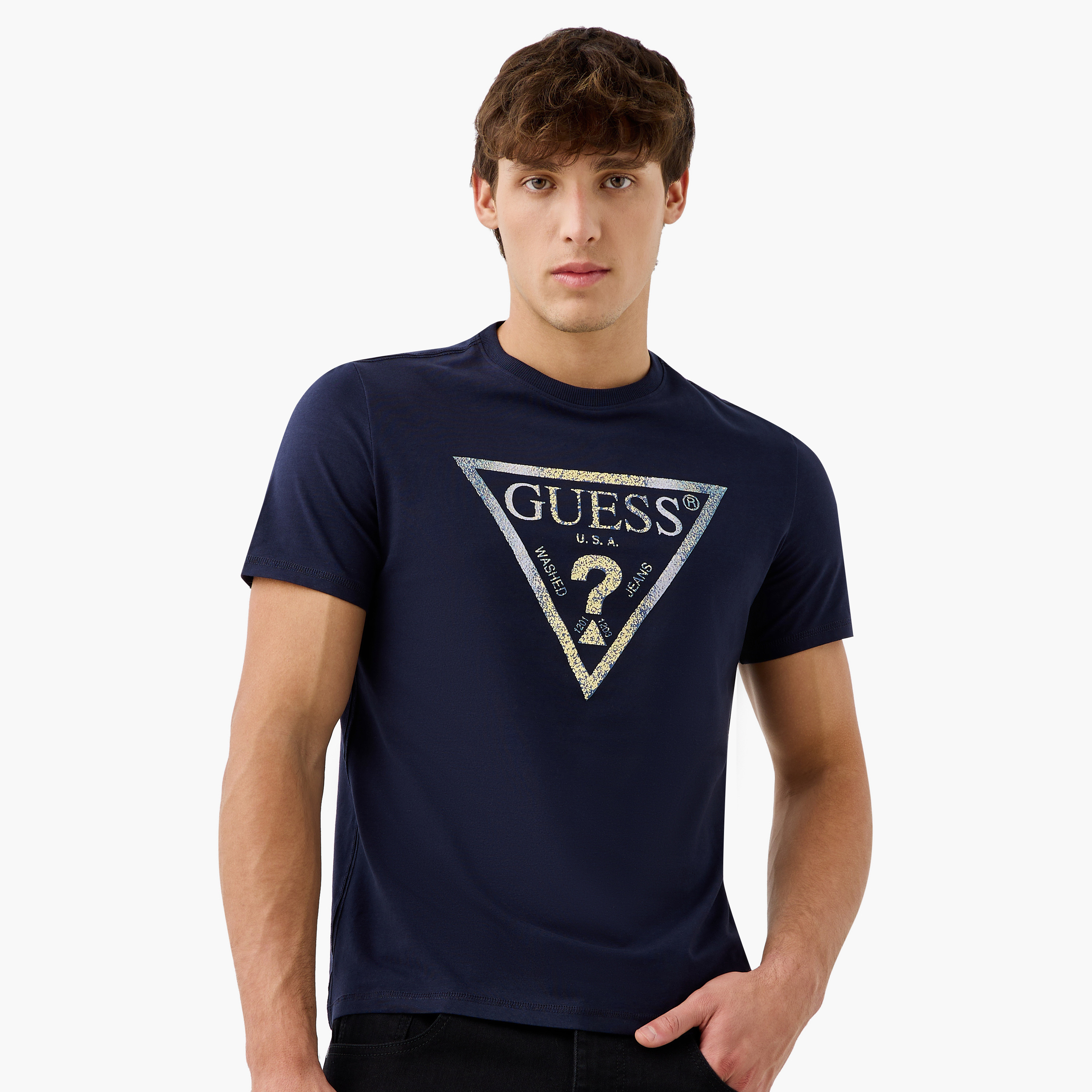Guess Logo Print Crew Neck T-shirt with Short Sleeves-men-clothing-tshirtsandpolos-tshirts-image-1