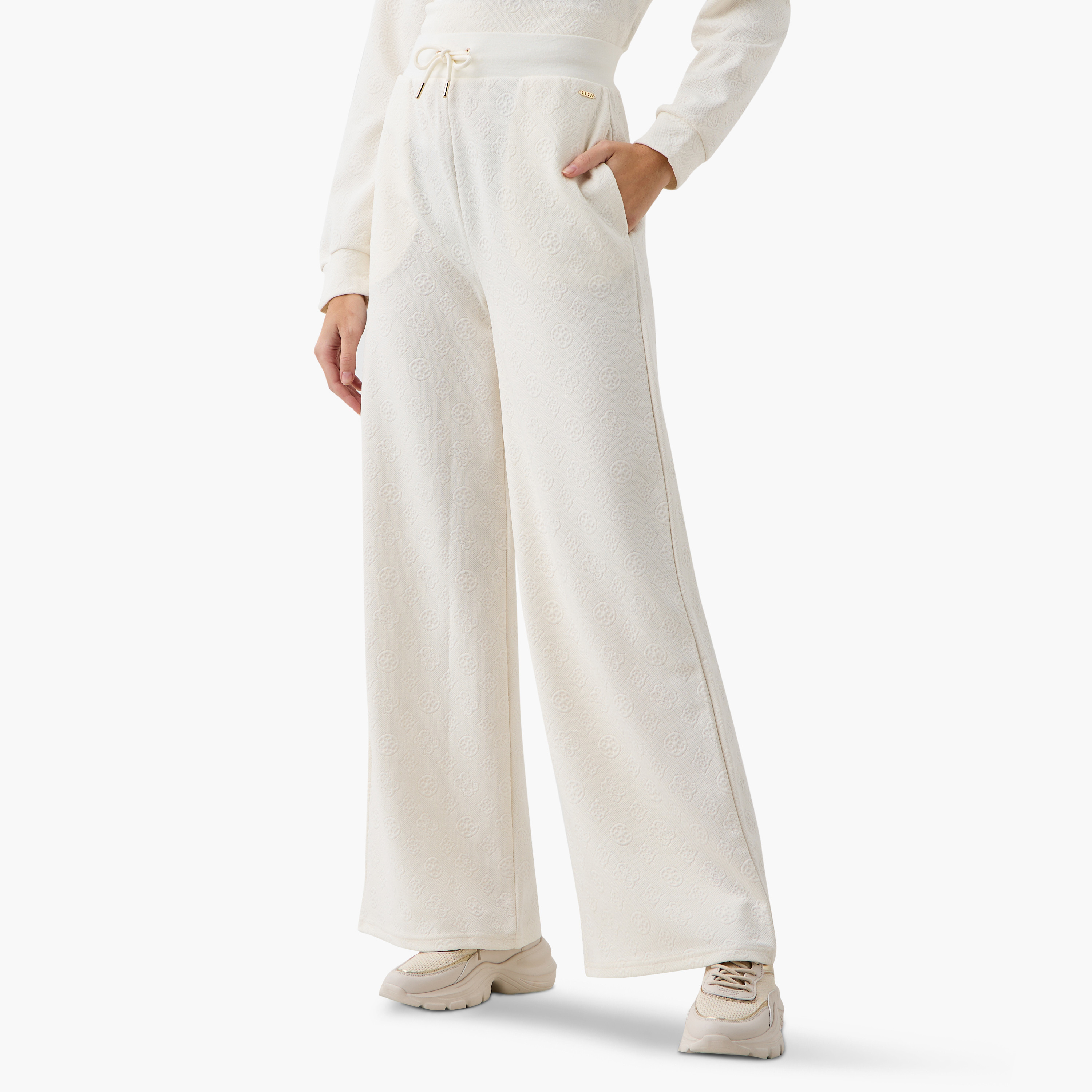 Guess Jacquard Wide Leg Pants with Drawstring Closure and Pockets-women-clothing-bottoms-joggers-image-1