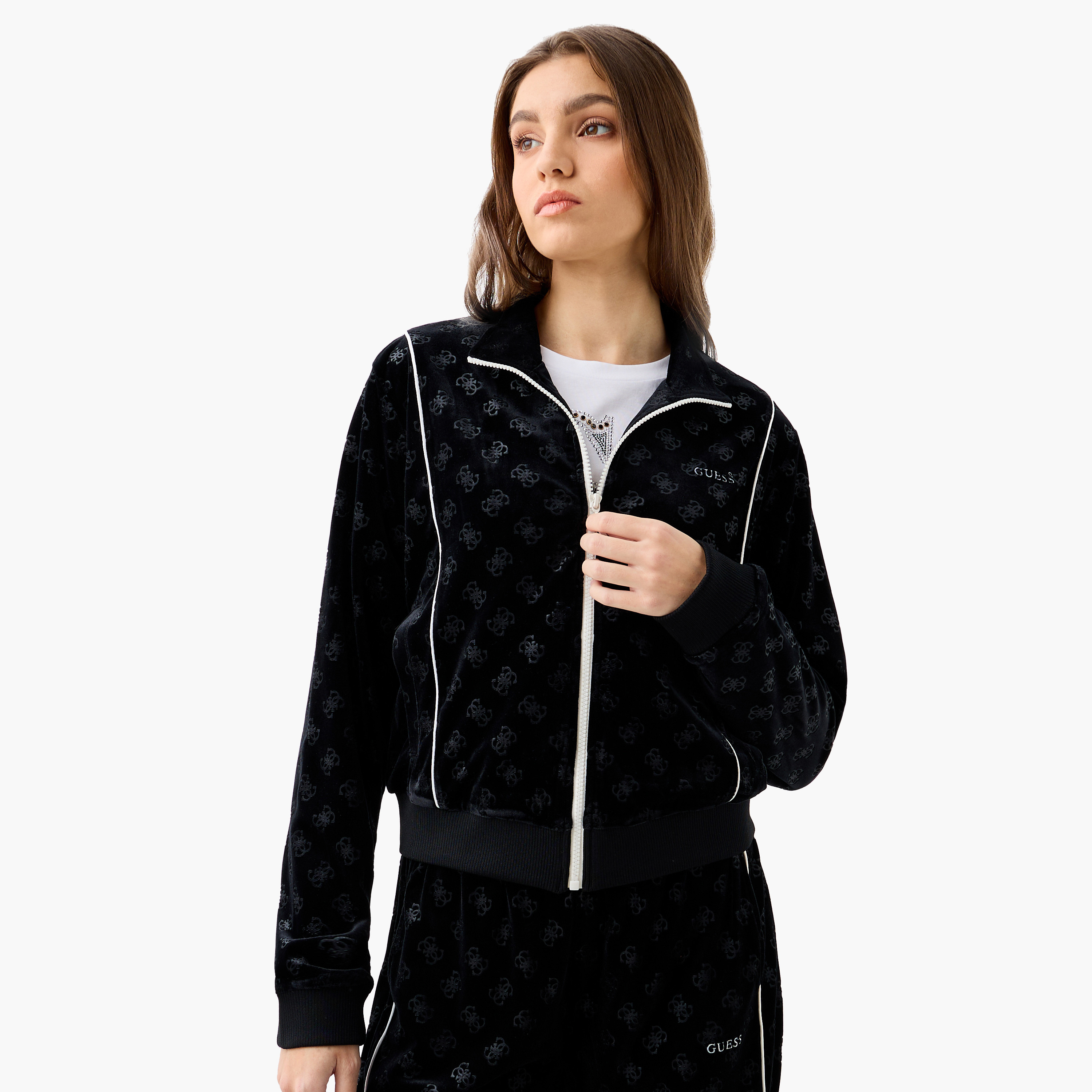 Guess All-Over Monogram Detail Zip Through Jacket with High Neck-women-winterwear-coatsandjackets-jackets-image-1