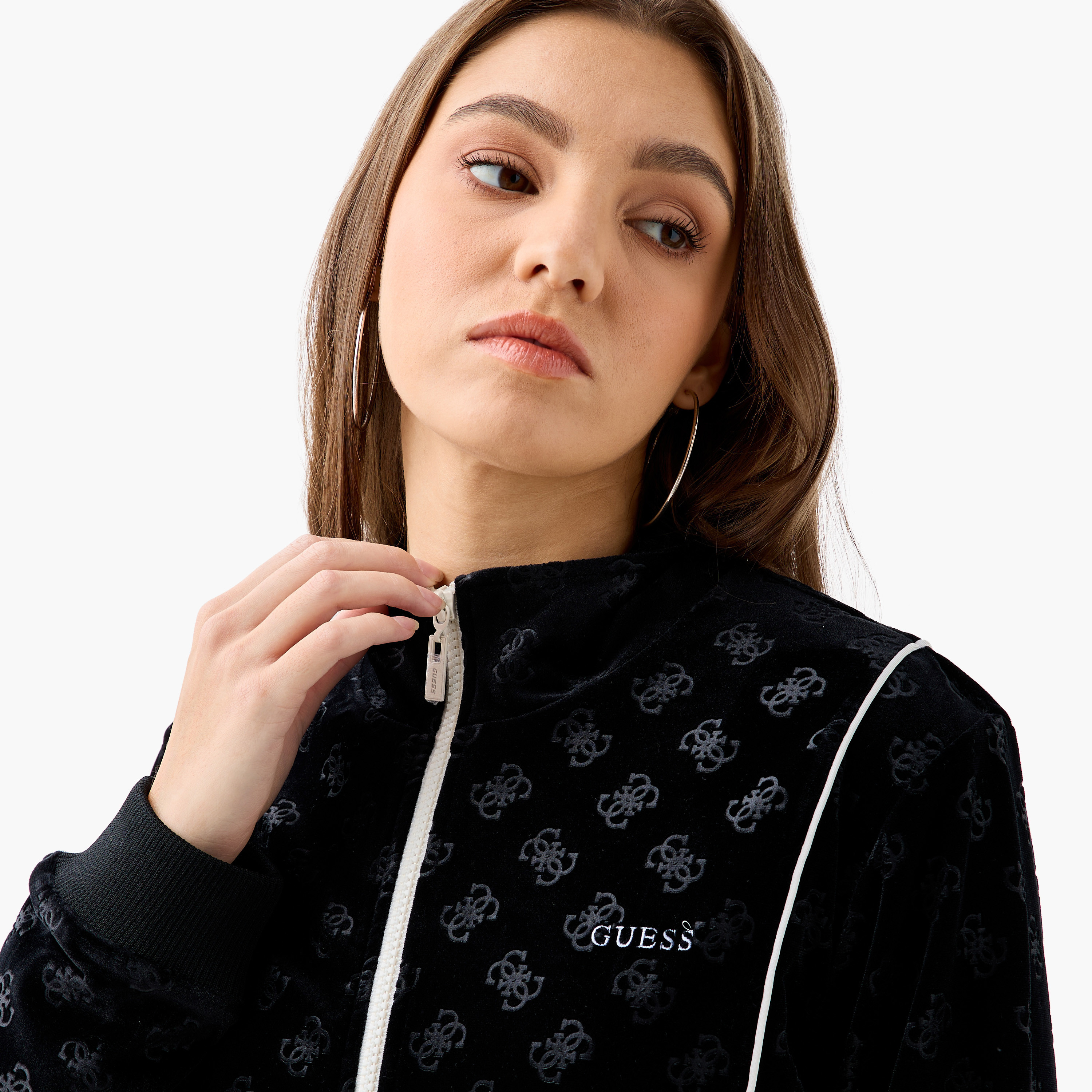 Guess All-Over Monogram Detail Zip Through Jacket with High Neck-women-winterwear-coatsandjackets-jackets-image-4