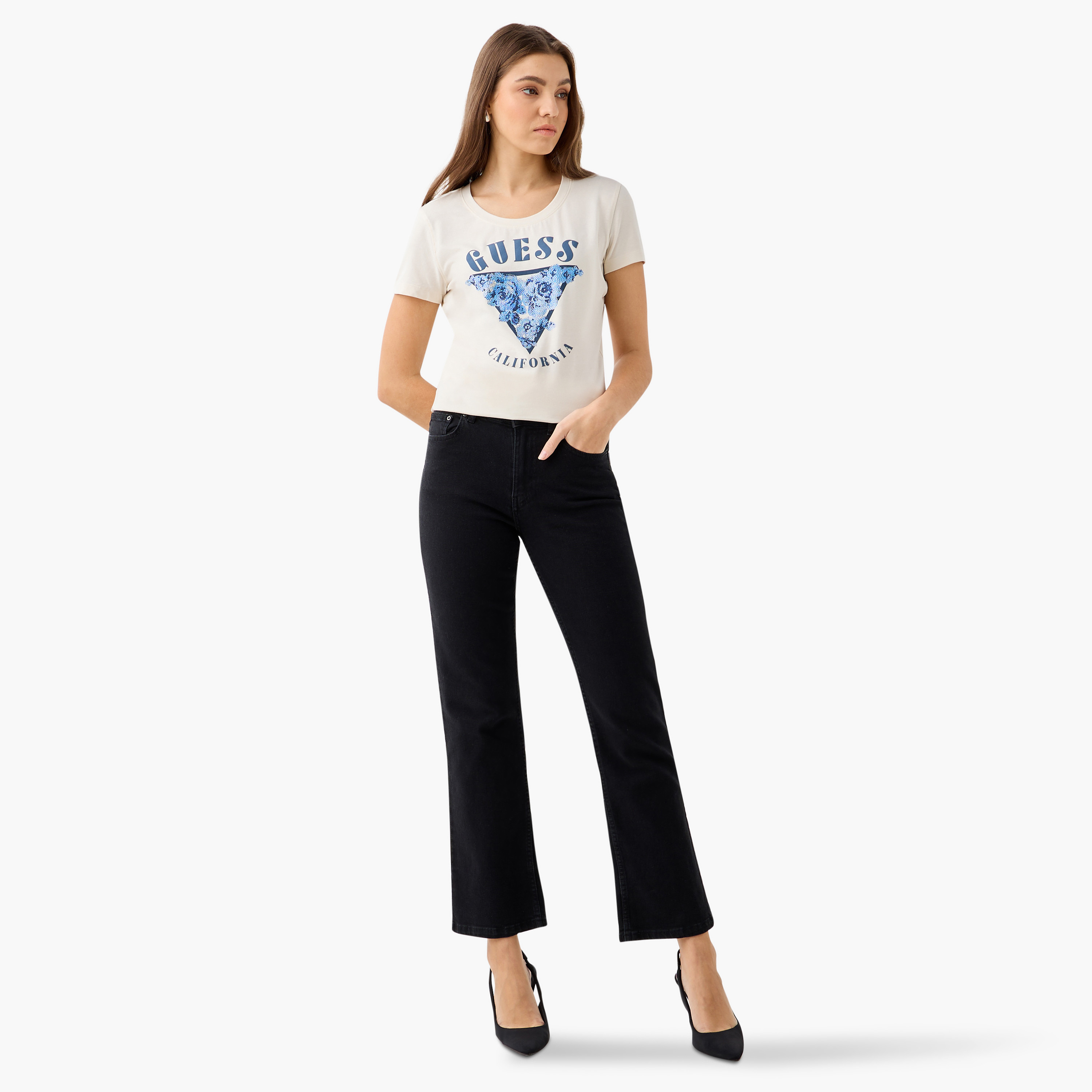 Guess Logo Print Round Neck T-shirt with Short Sleeves-women-clothing-shirtsandblouses-blouses-image-2