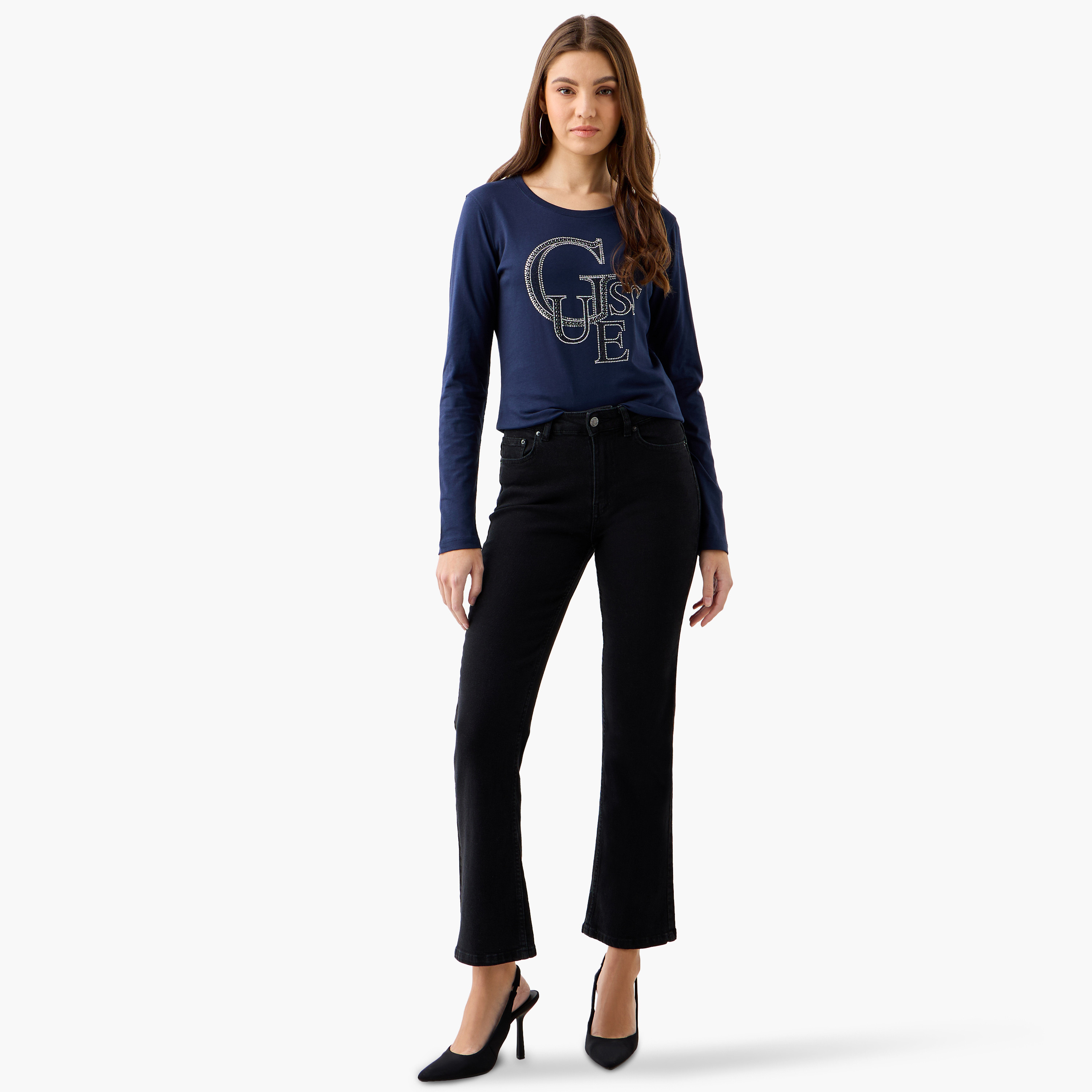 تيشيرت بتزيينات شعار وبياقة مستديرة وأكمام طويلة من جيس-women-clothing-tshirts-image-2