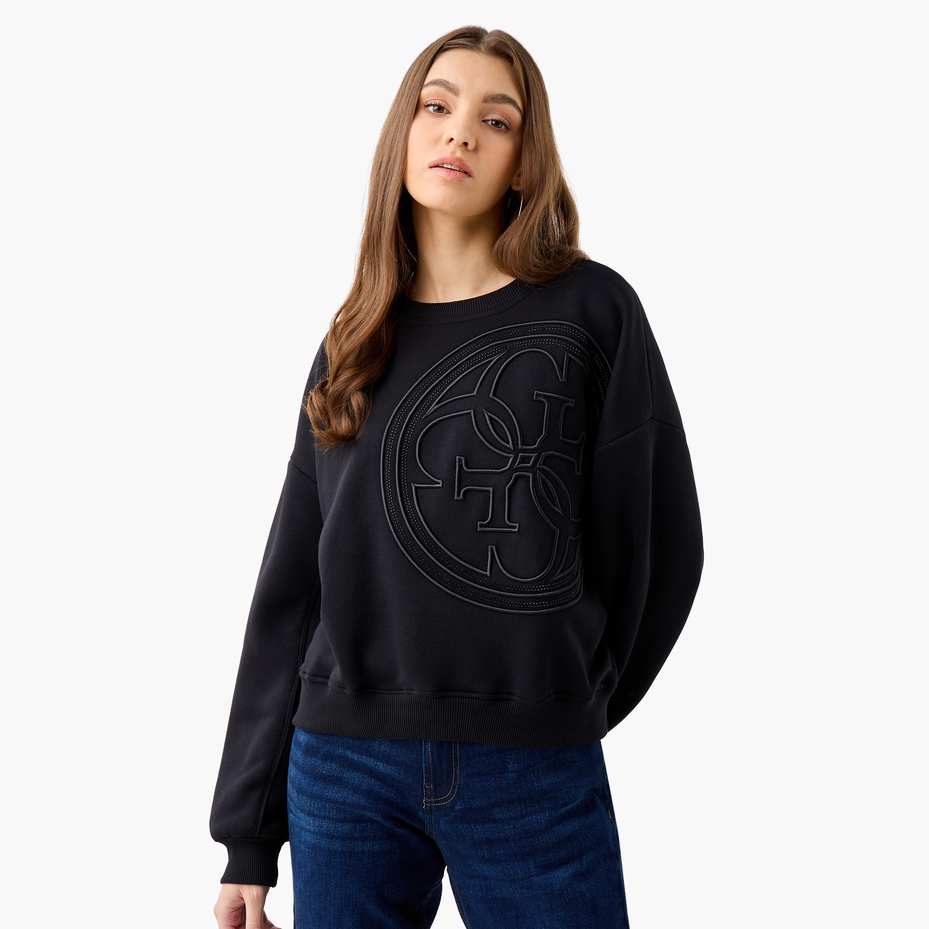 Guess Logo Embroidered Sweatshirt with Long Sleeves-women-winterwear-hoodiesandsweatshirts-sweatshirts-image-1