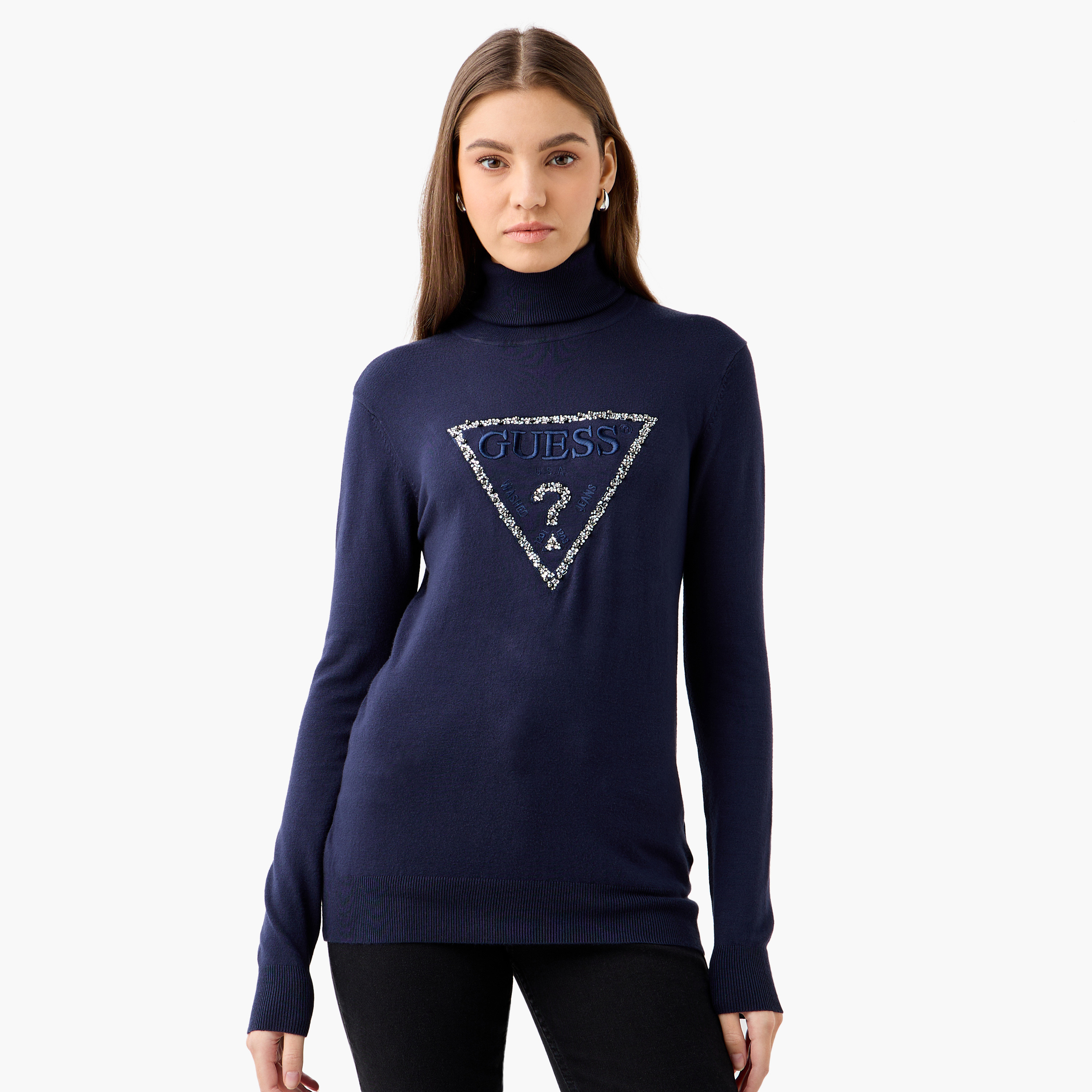 Guess Logo Embroidered Turtle Neck Sweatshirt with Long Sleeves-women-winterwear-hoodiesandsweatshirts-sweatshirts-image-1